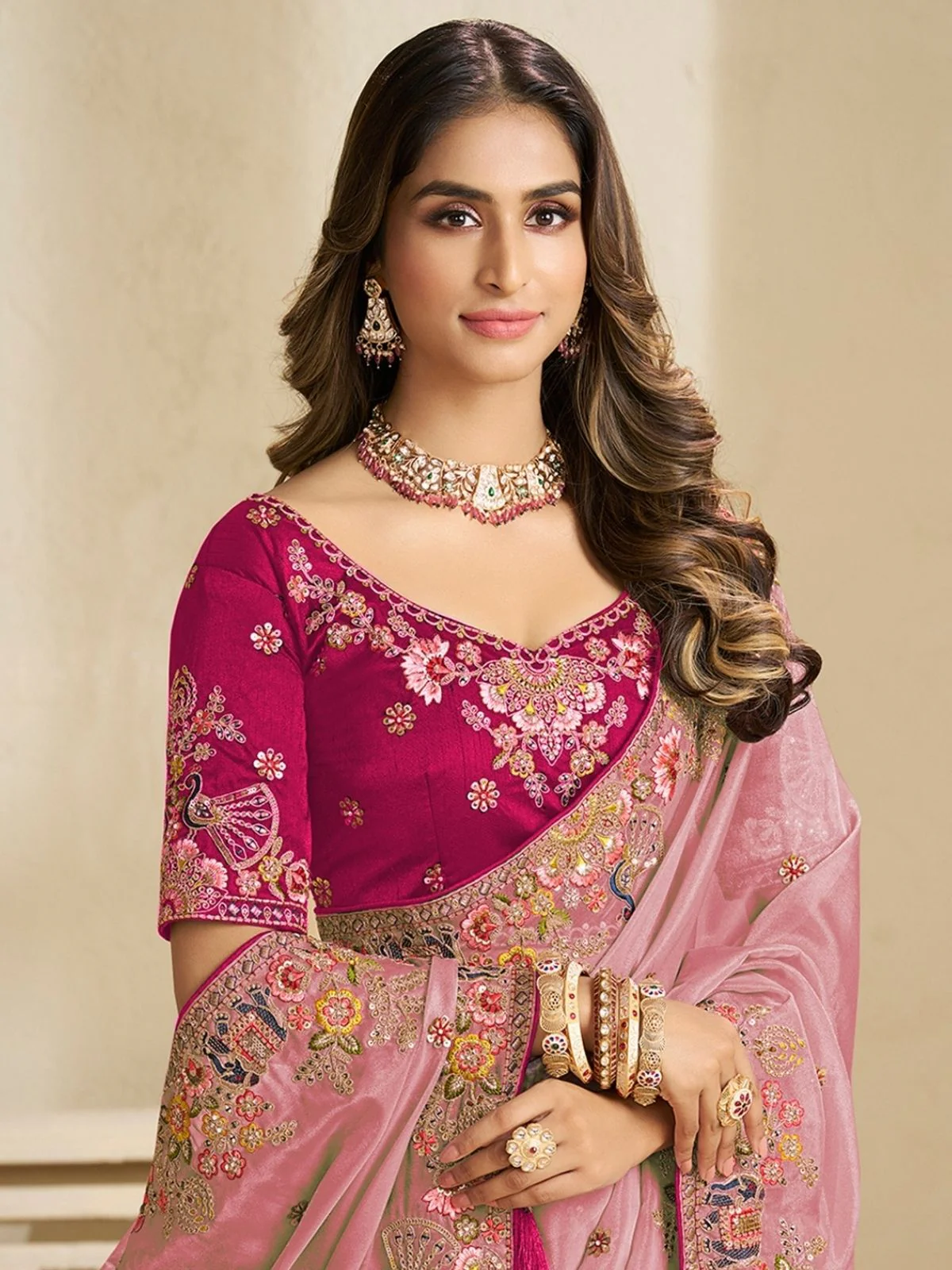Odette Pink Satin Embroidered Saree For Women - Image 3