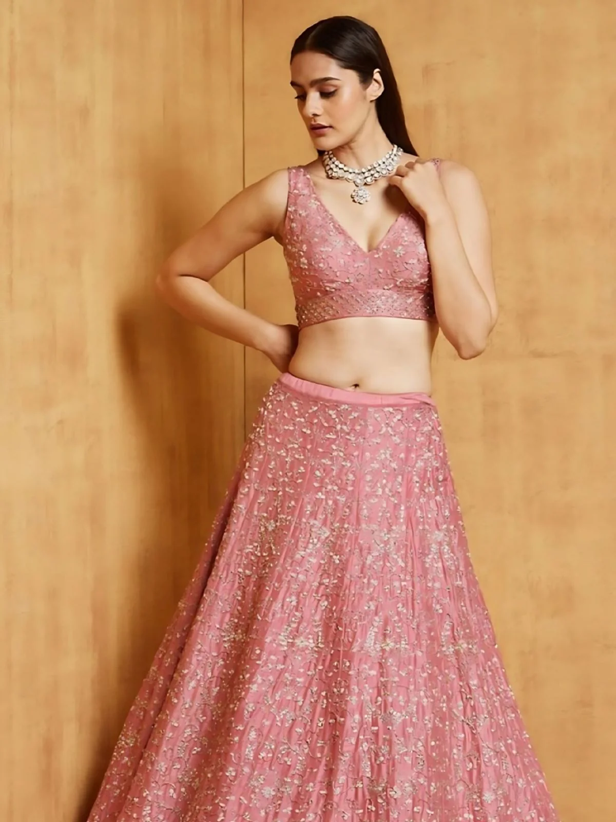 Odette Pink Satin Embroidered Semi-Stitched Lehenga For Women - Image 3