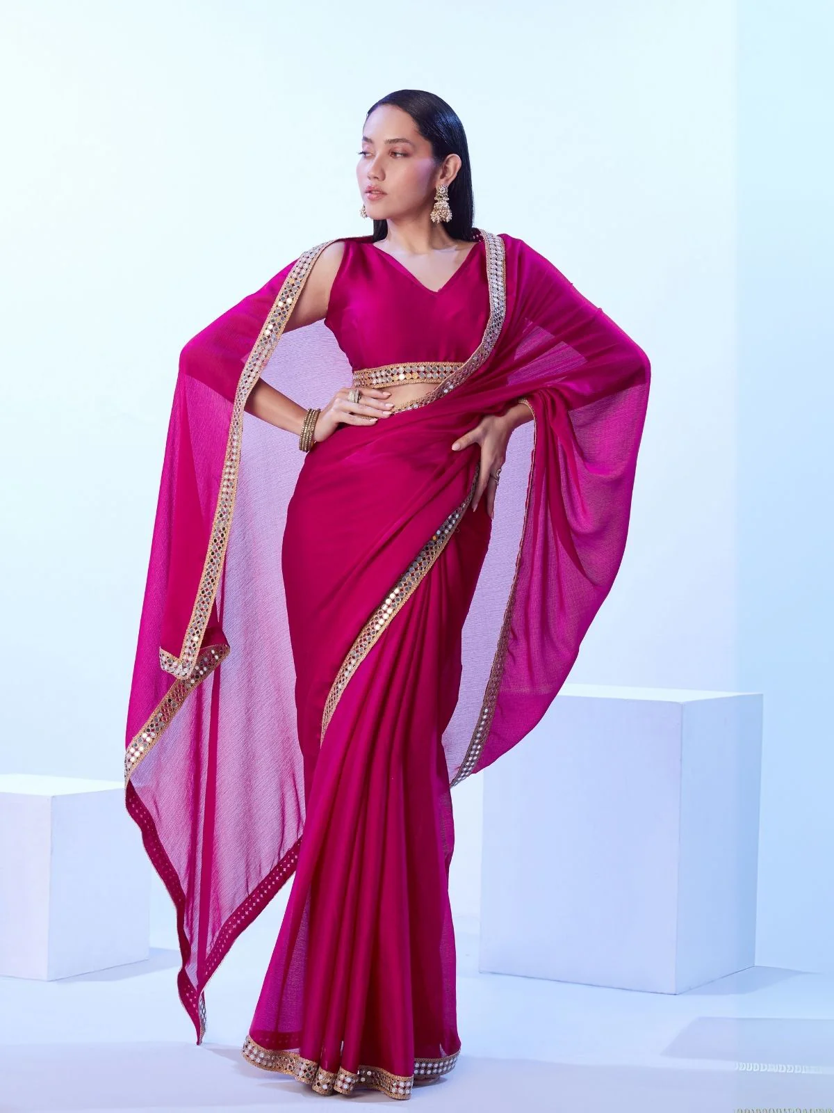 Odette Pink Satin Lace Work Saree With Unstitched Blouse For Women - Image 2