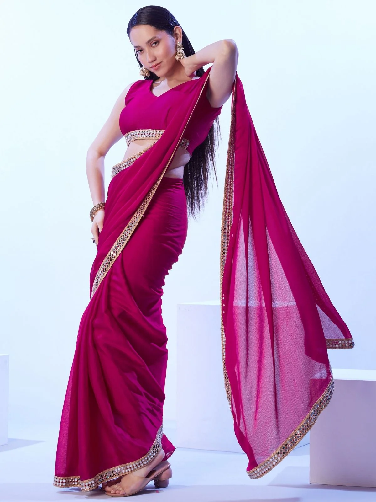 Odette Pink Satin Lace Work Saree With Unstitched Blouse For Women - Image 3