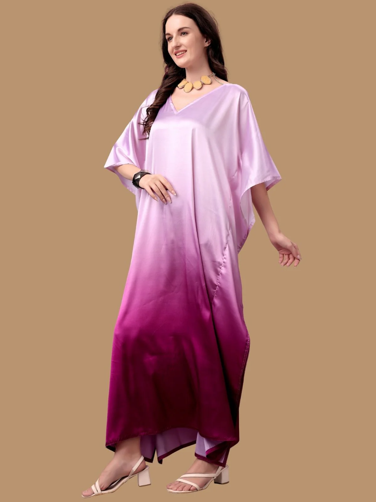 Odette Pink Satin Printed Kaftan For Women - Image 2