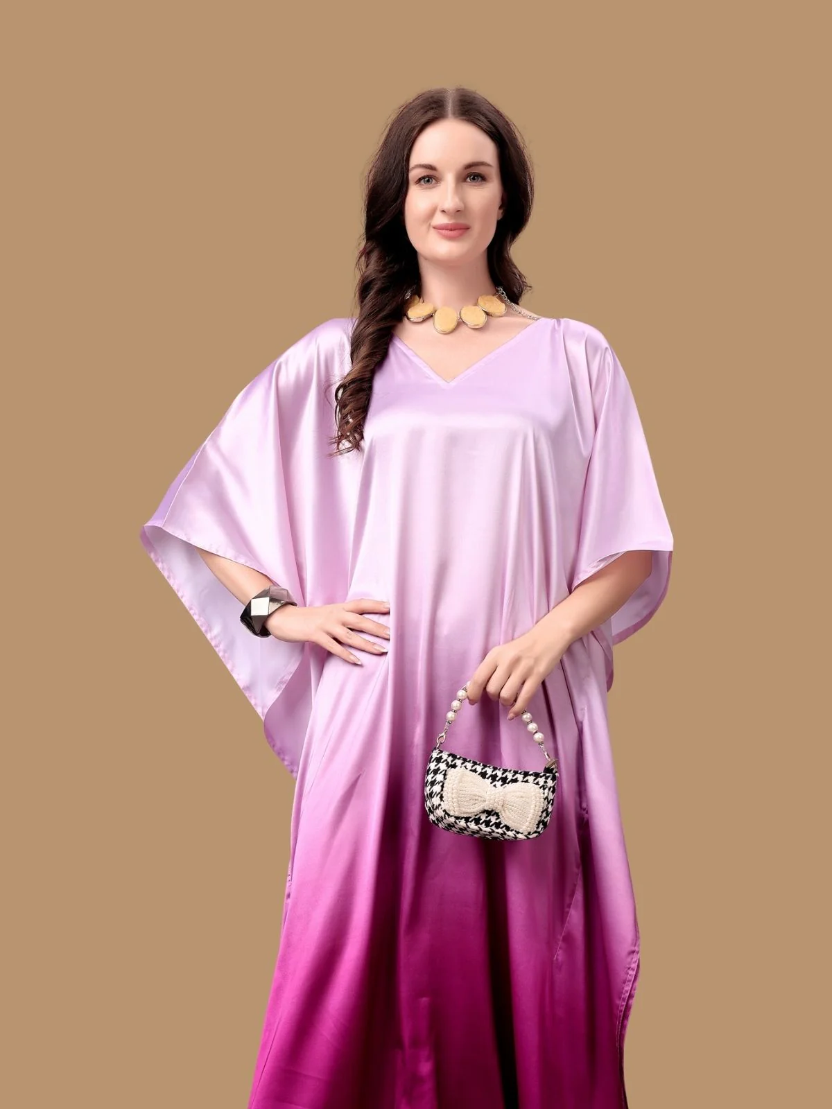 Odette Pink Satin Printed Kaftan For Women - Image 4