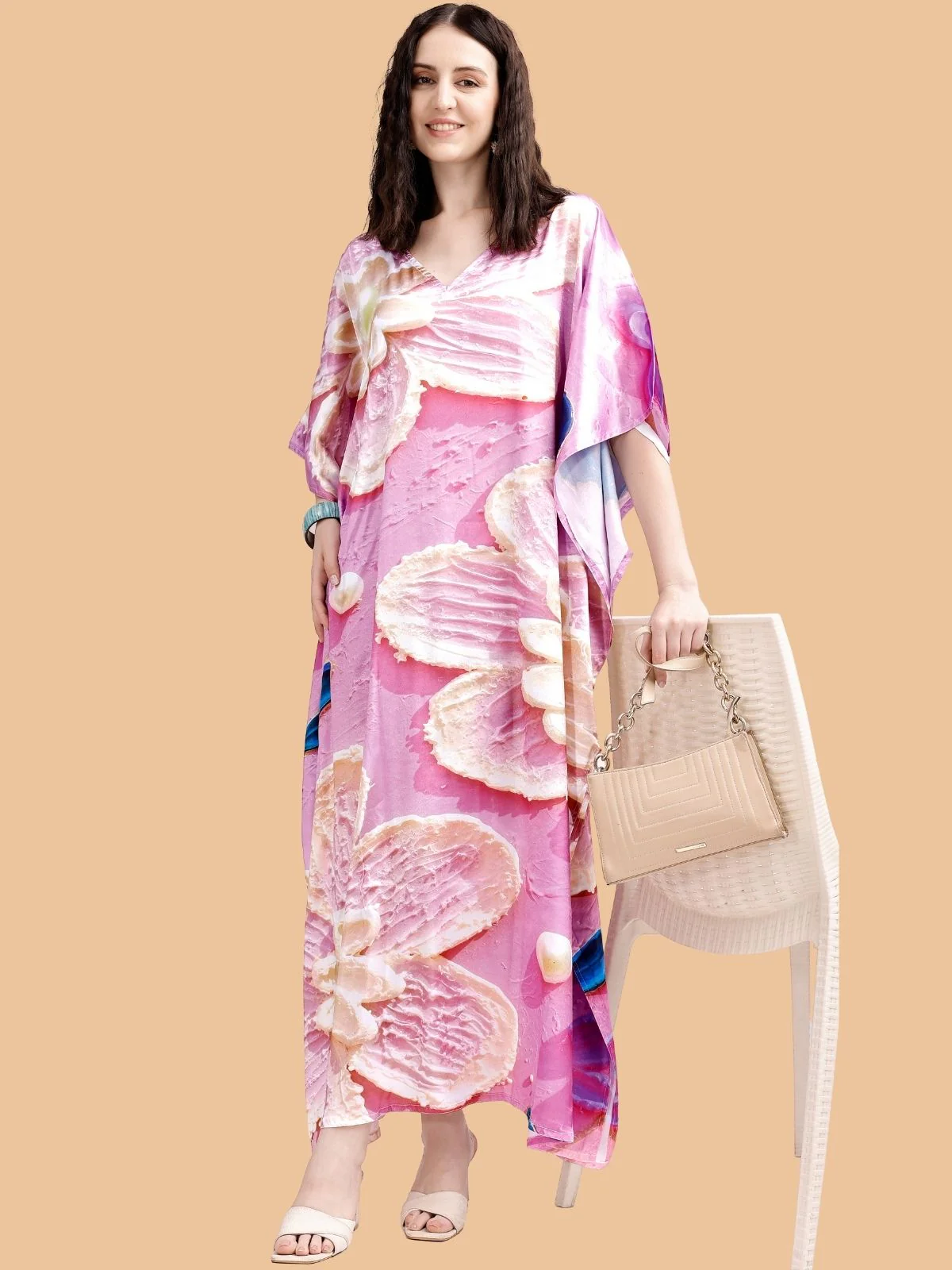 Odette Pink Satin Printed Kaftan For Women