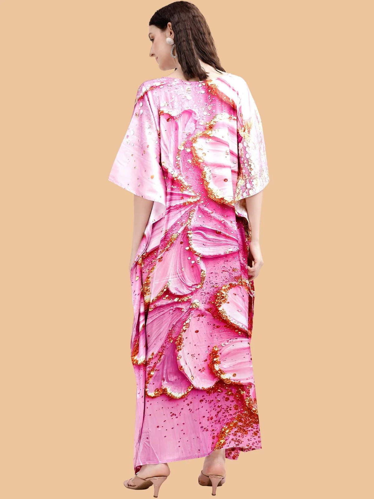 Odette Pink Satin Printed Kaftan For Women - Image 3