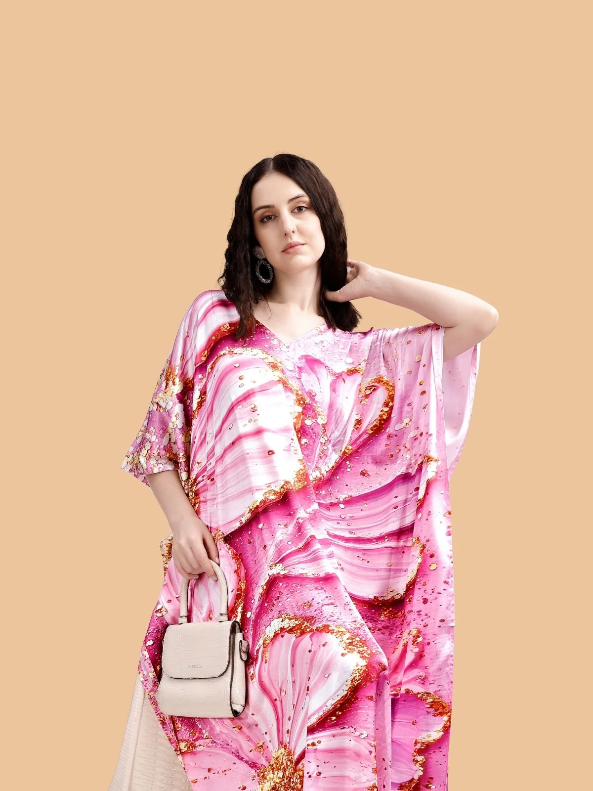 Odette Pink Satin Printed Kaftan For Women - Image 4