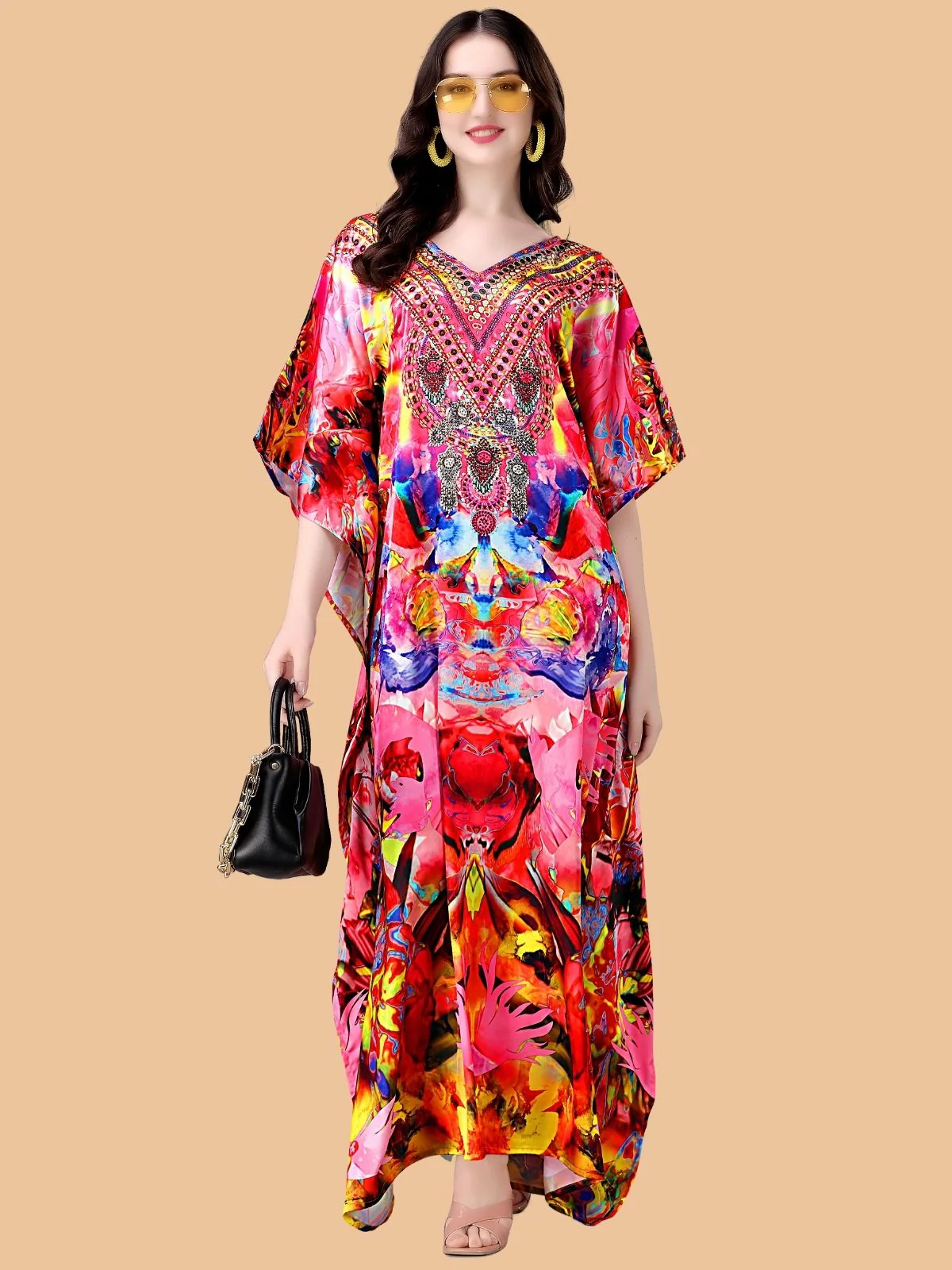 Odette Pink Satin Printed Kaftan For Women