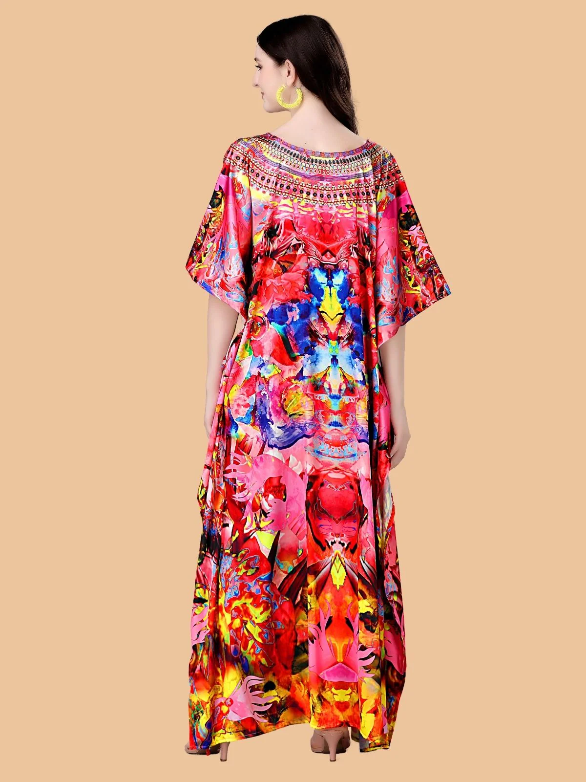 Odette Pink Satin Printed Kaftan For Women - Image 3
