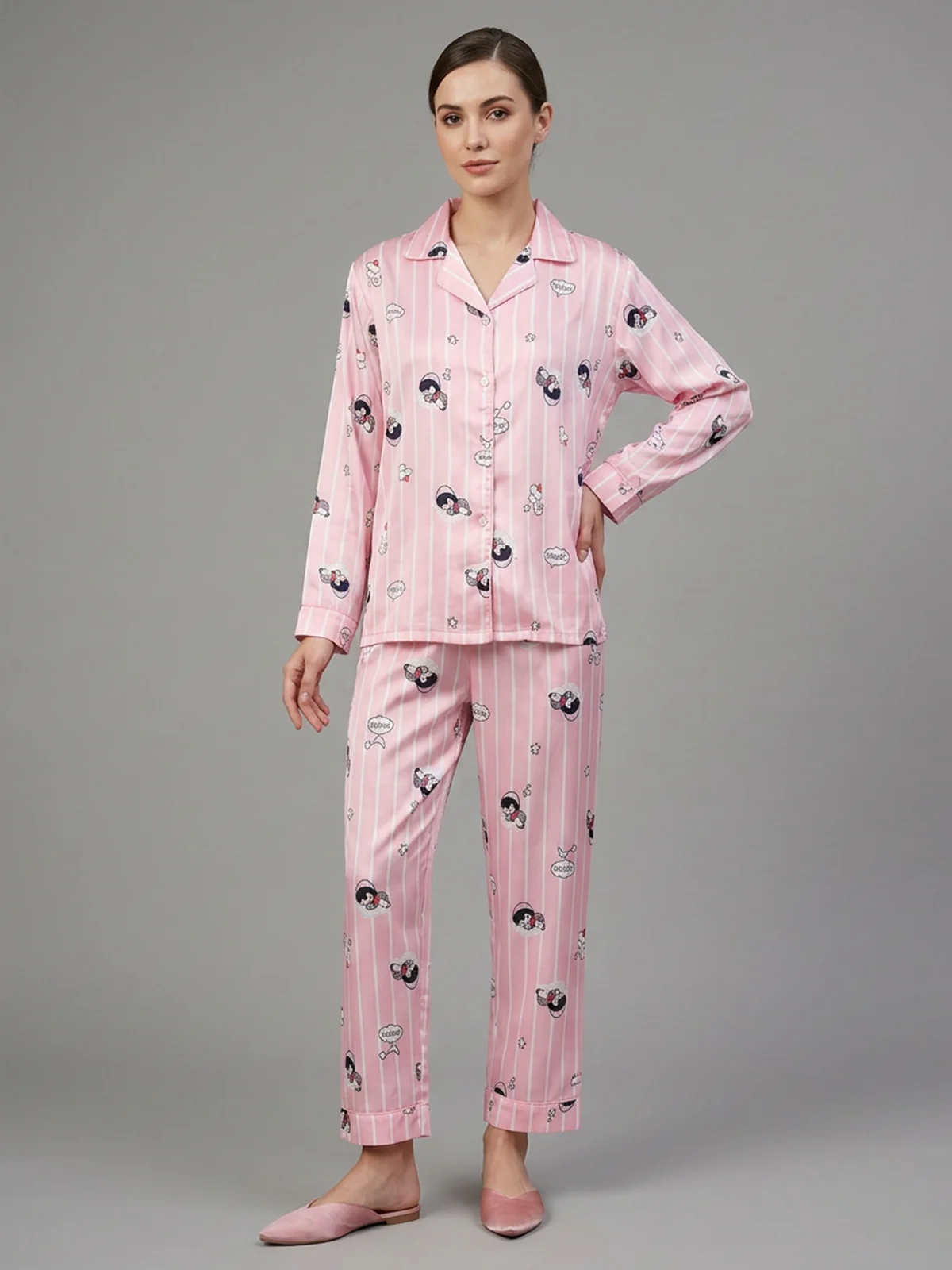 Odette Pink Satin Printed Night Dress For Women