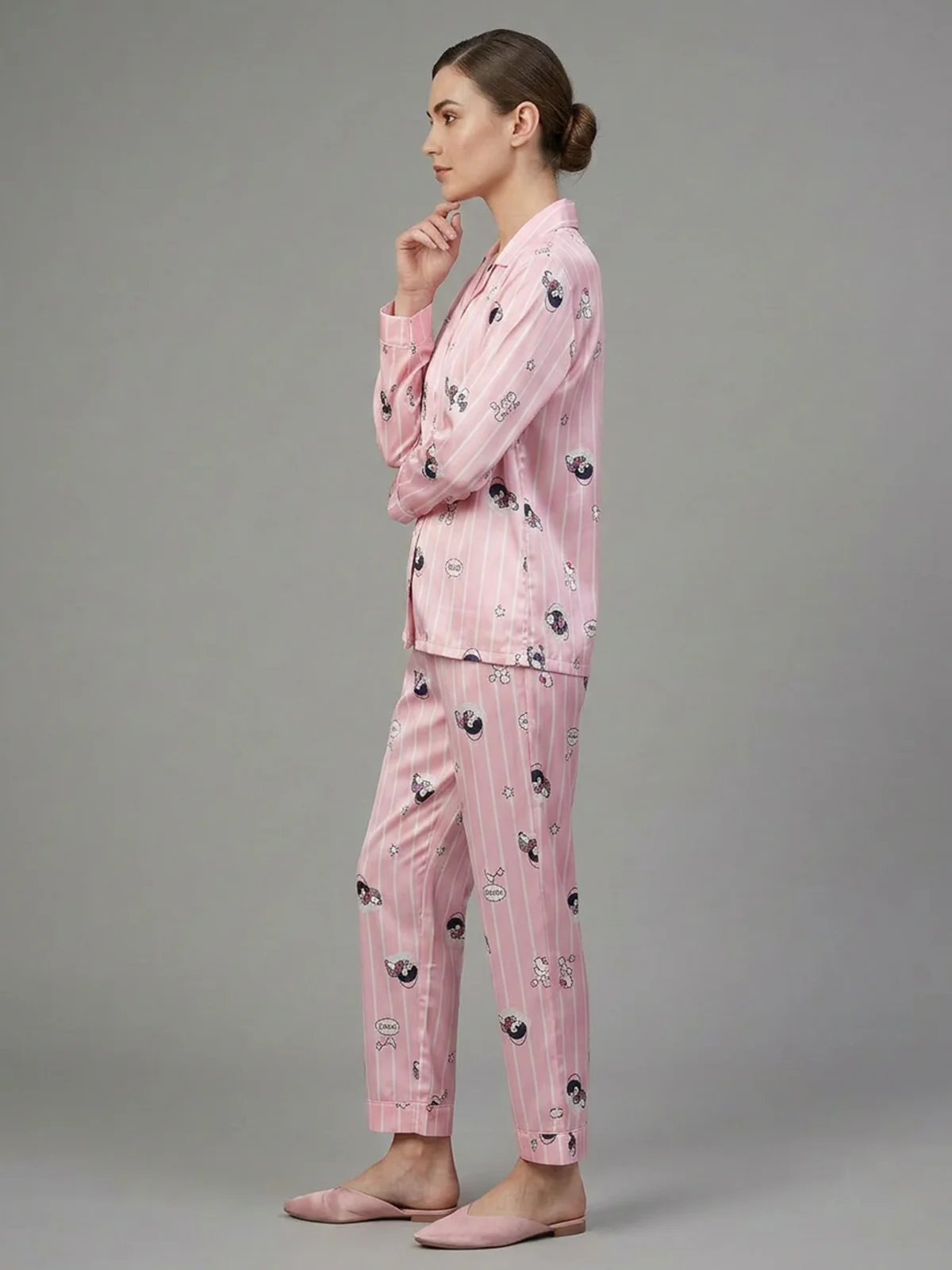 Odette Pink Satin Printed Night Dress For Women - Image 2