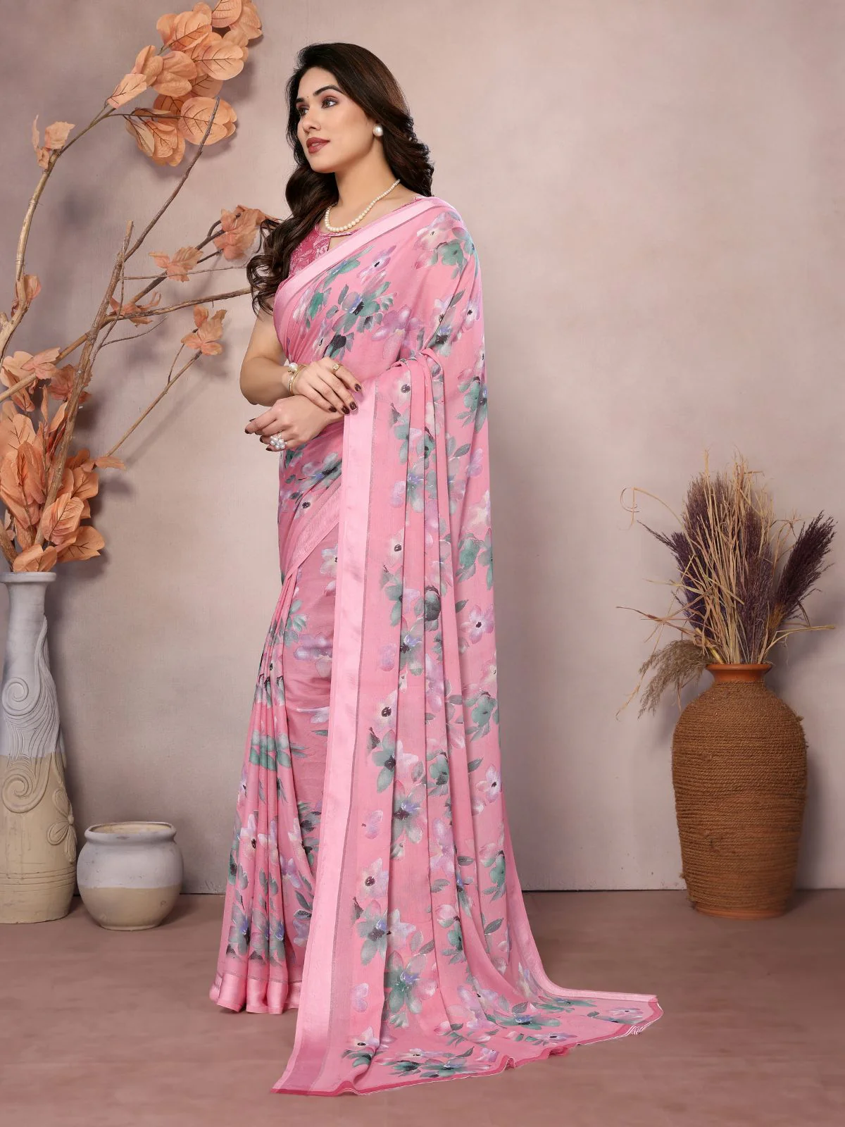 Odette Pink Satin Printed Saree With Unstitched Blouse For Women - Image 2