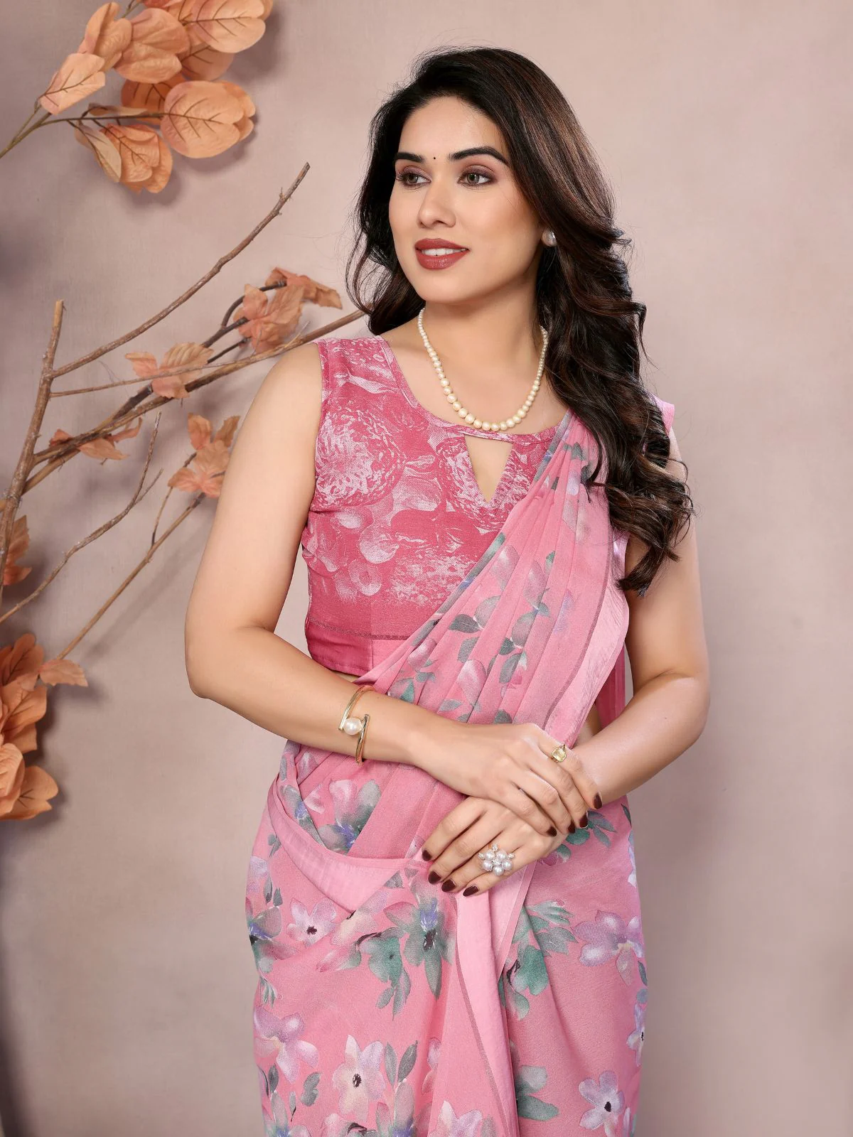 Odette Pink Satin Printed Saree With Unstitched Blouse For Women - Image 4