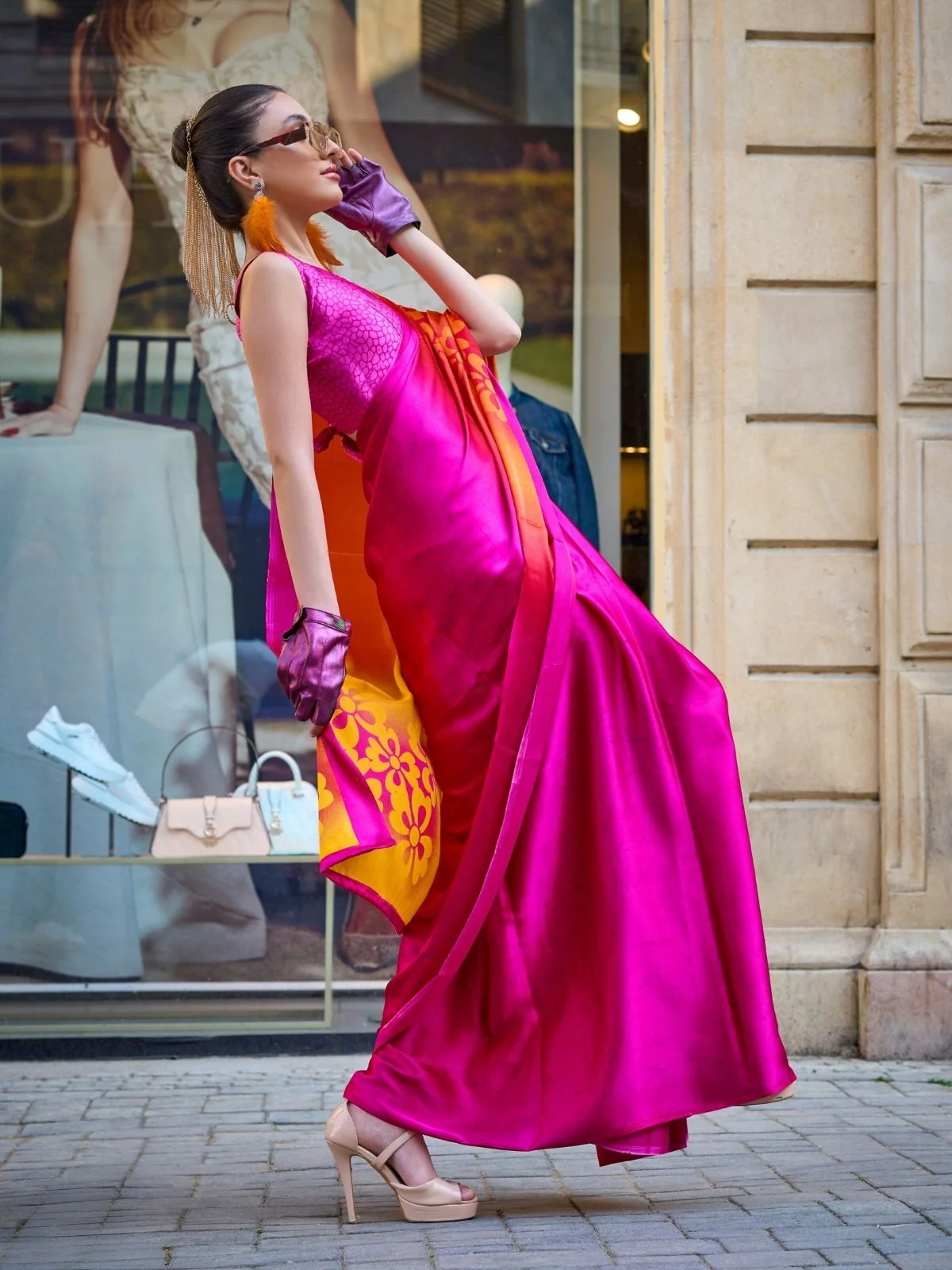 Odette Pink Satin Printed Saree With Unstitched Blouse For Women - Image 2