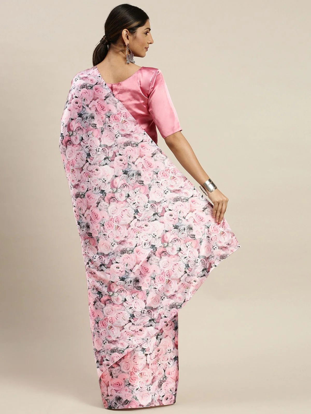 Odette Pink Satin Printed Saree With Unstitched Blouse For Women - Image 3