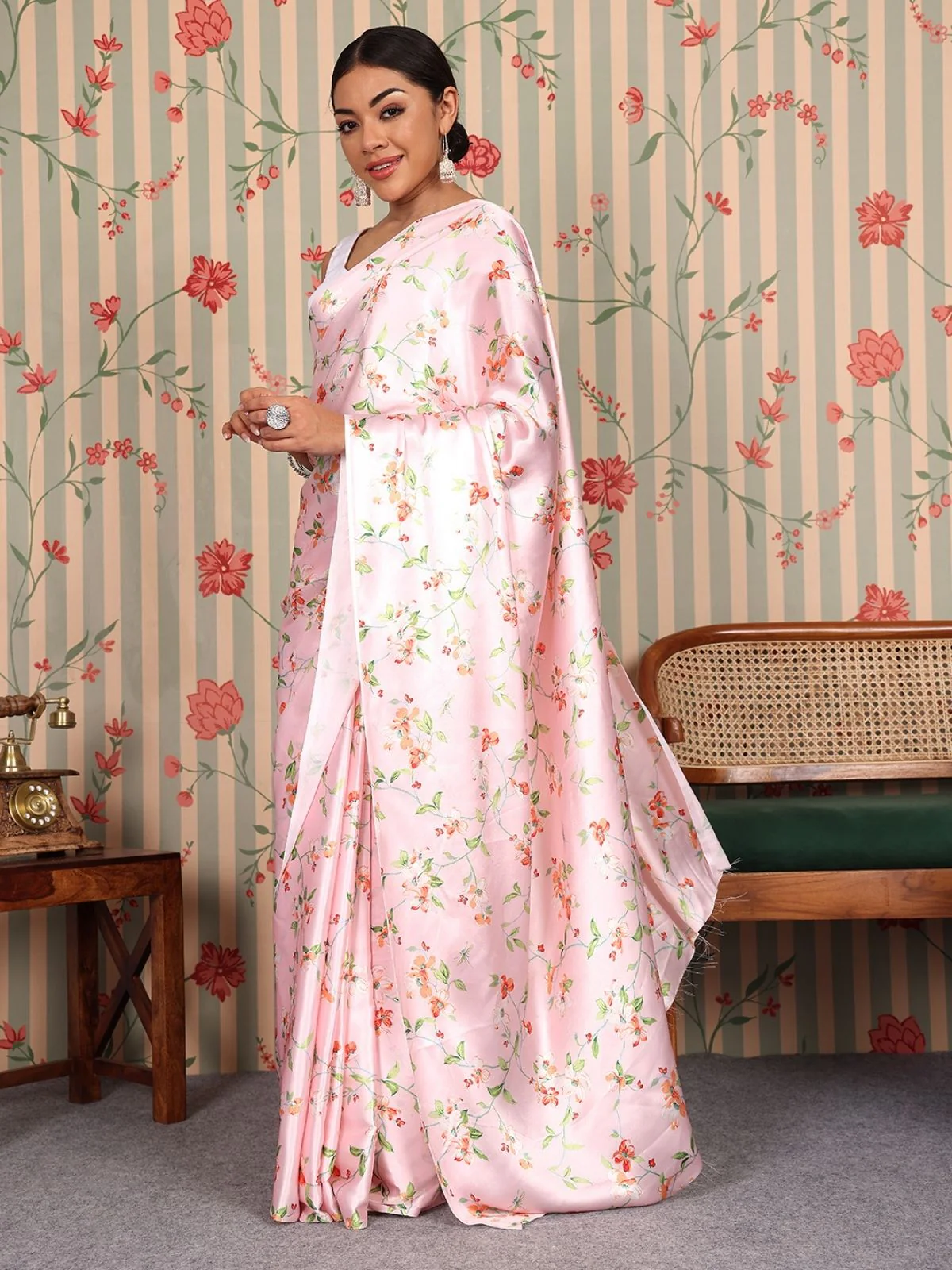 Odette Pink Satin Printed Saree With Unstitched Blouse For Women - Image 4