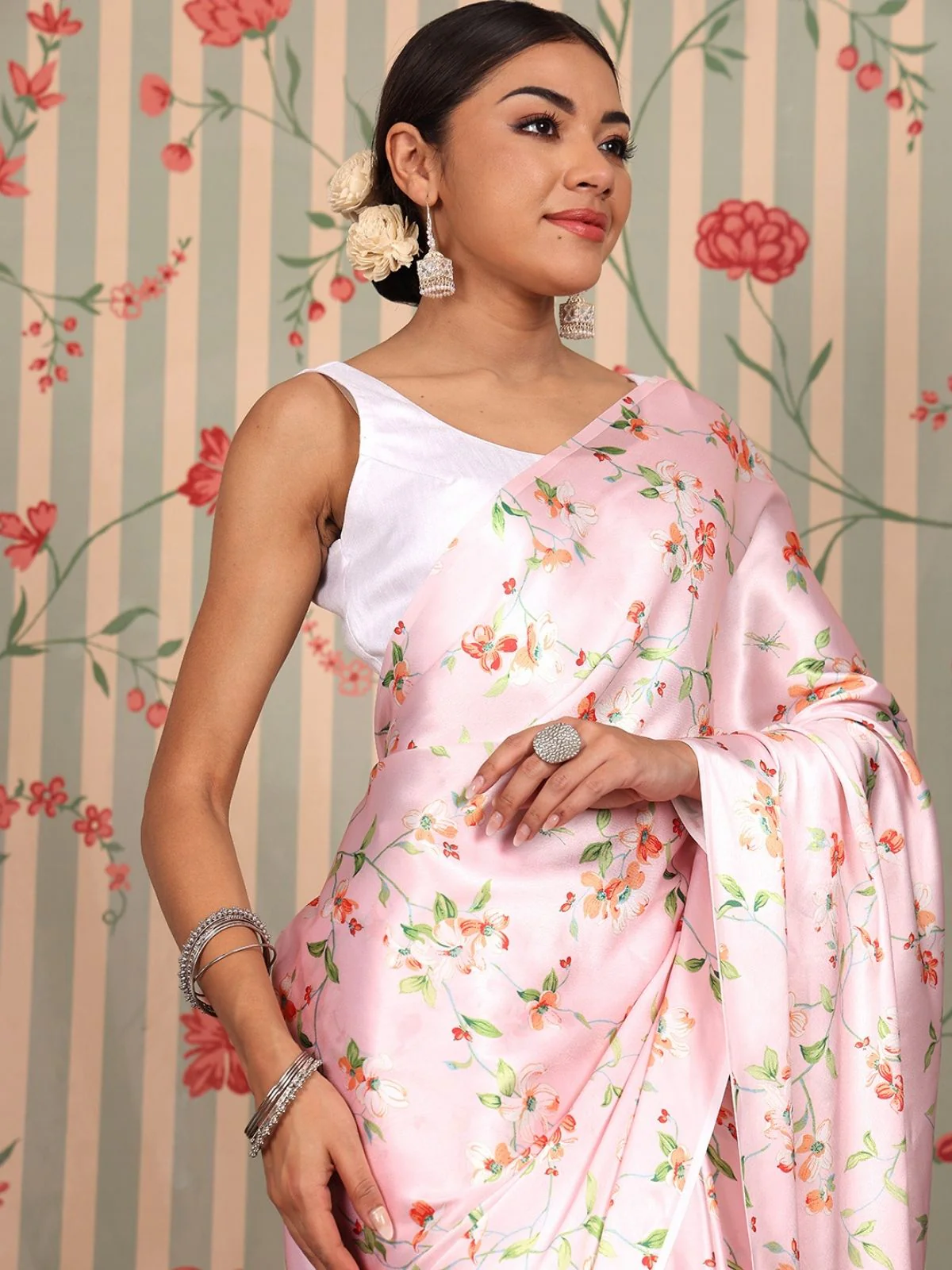 Odette Pink Satin Printed Saree With Unstitched Blouse For Women - Image 5