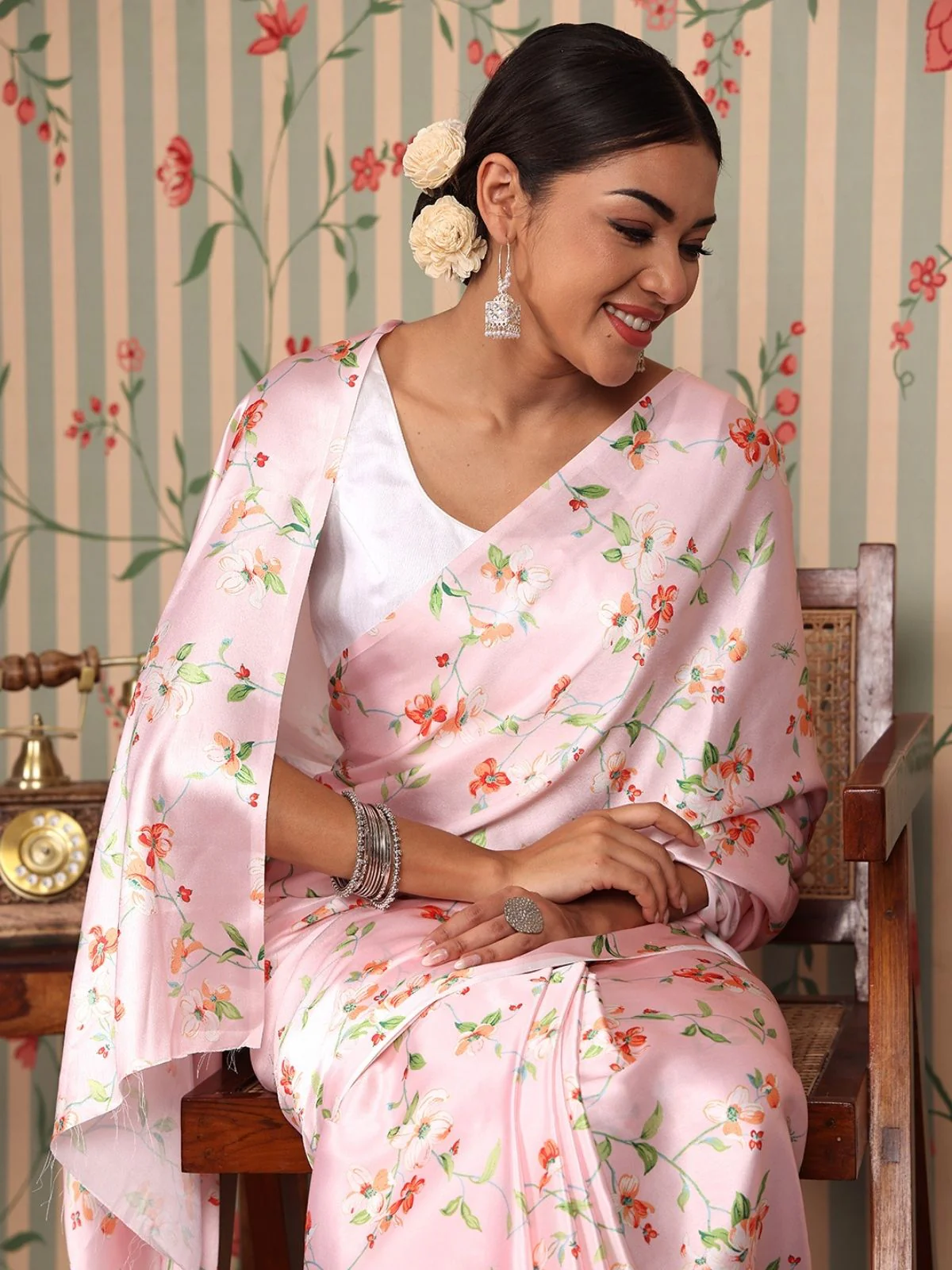 Odette Pink Satin Printed Saree With Unstitched Blouse For Women - Image 6