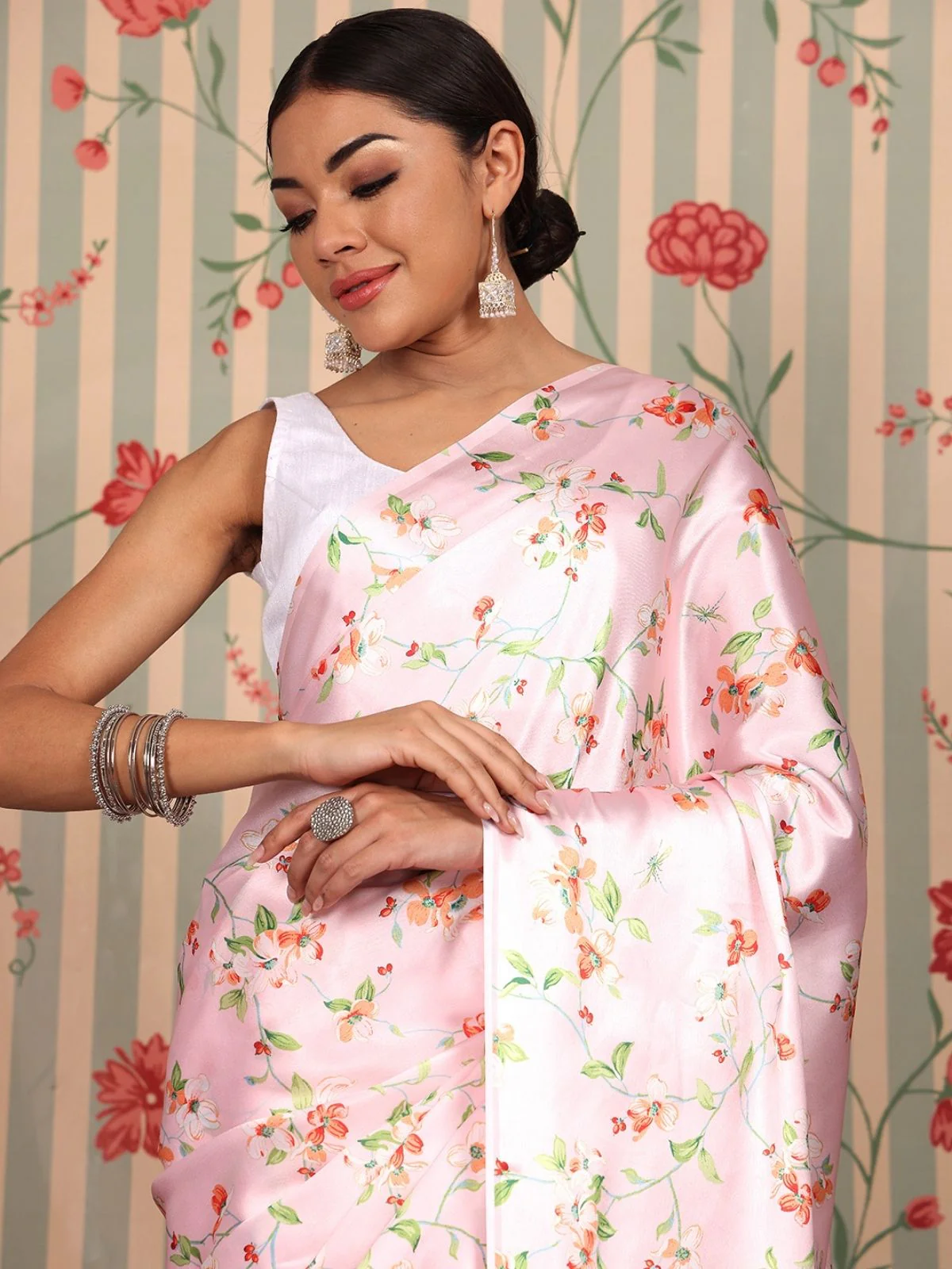 Odette Pink Satin Printed Saree With Unstitched Blouse For Women - Image 7