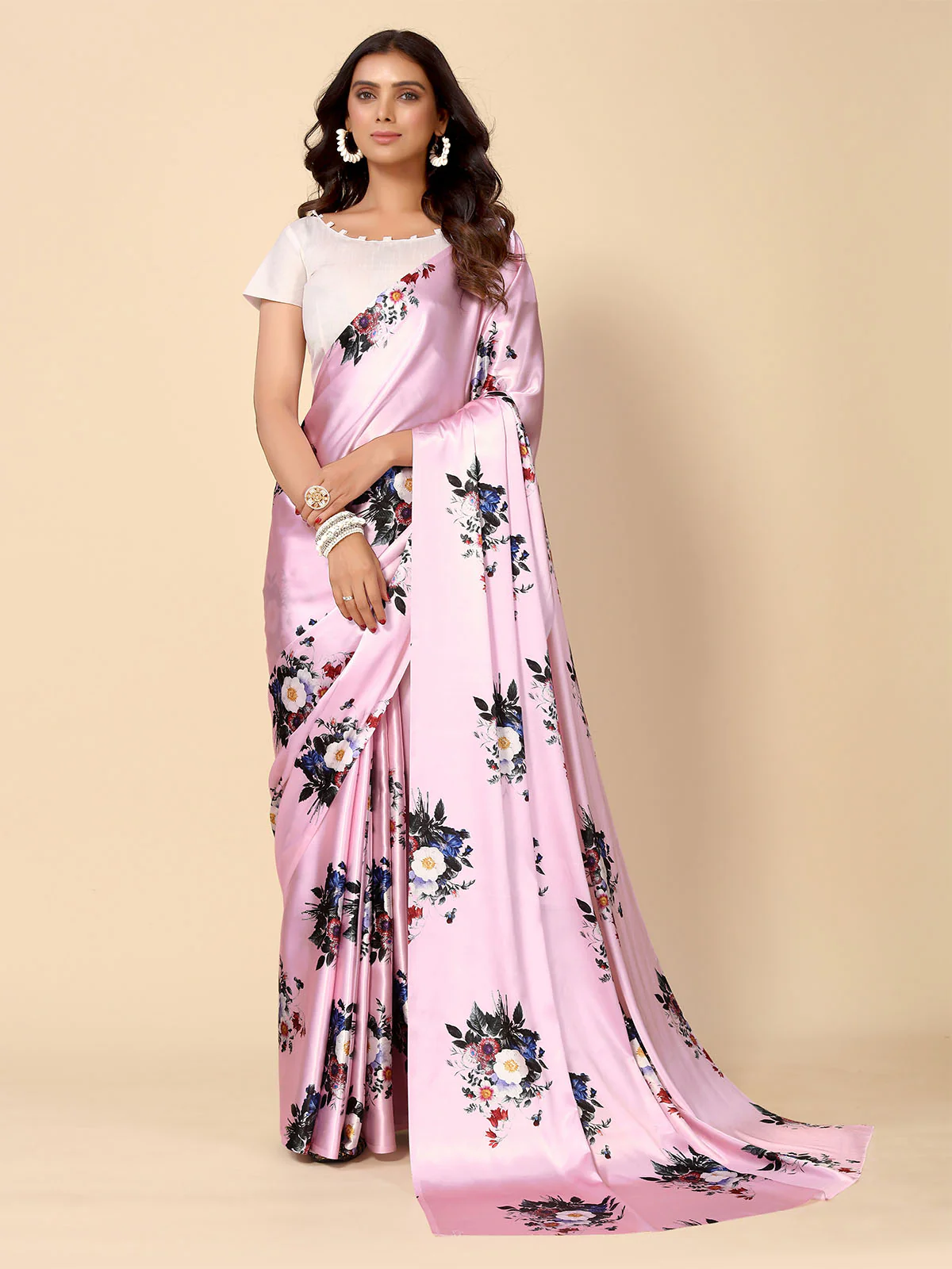 Odette Pink Satin Printed Saree With Unstitched Blouse For Women