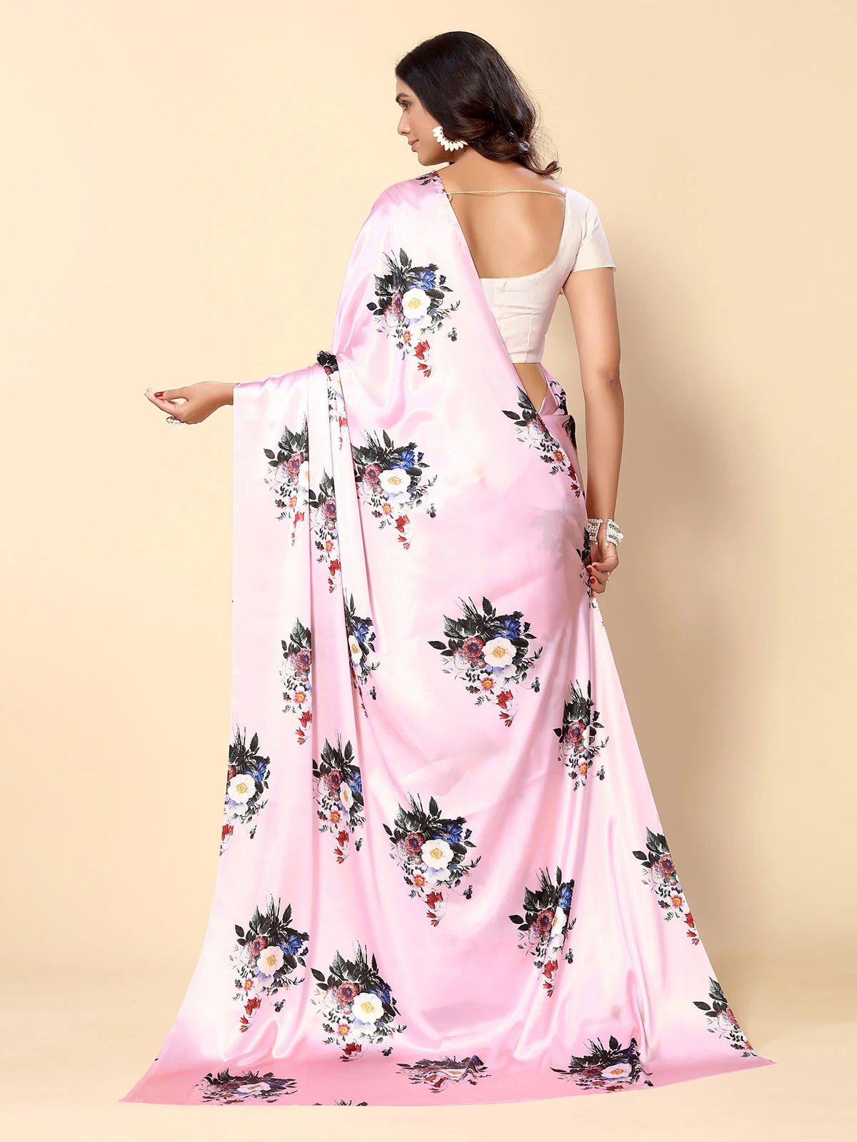 Odette Pink Satin Printed Saree With Unstitched Blouse For Women - Image 5