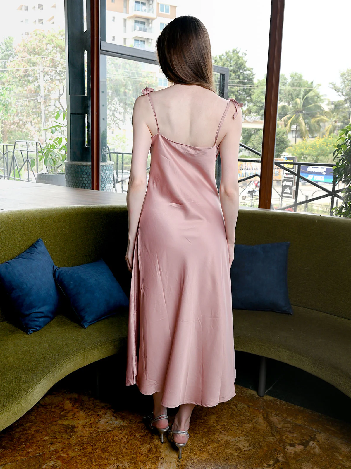 Odette Pink Satin Solid Dress For Women - Image 3