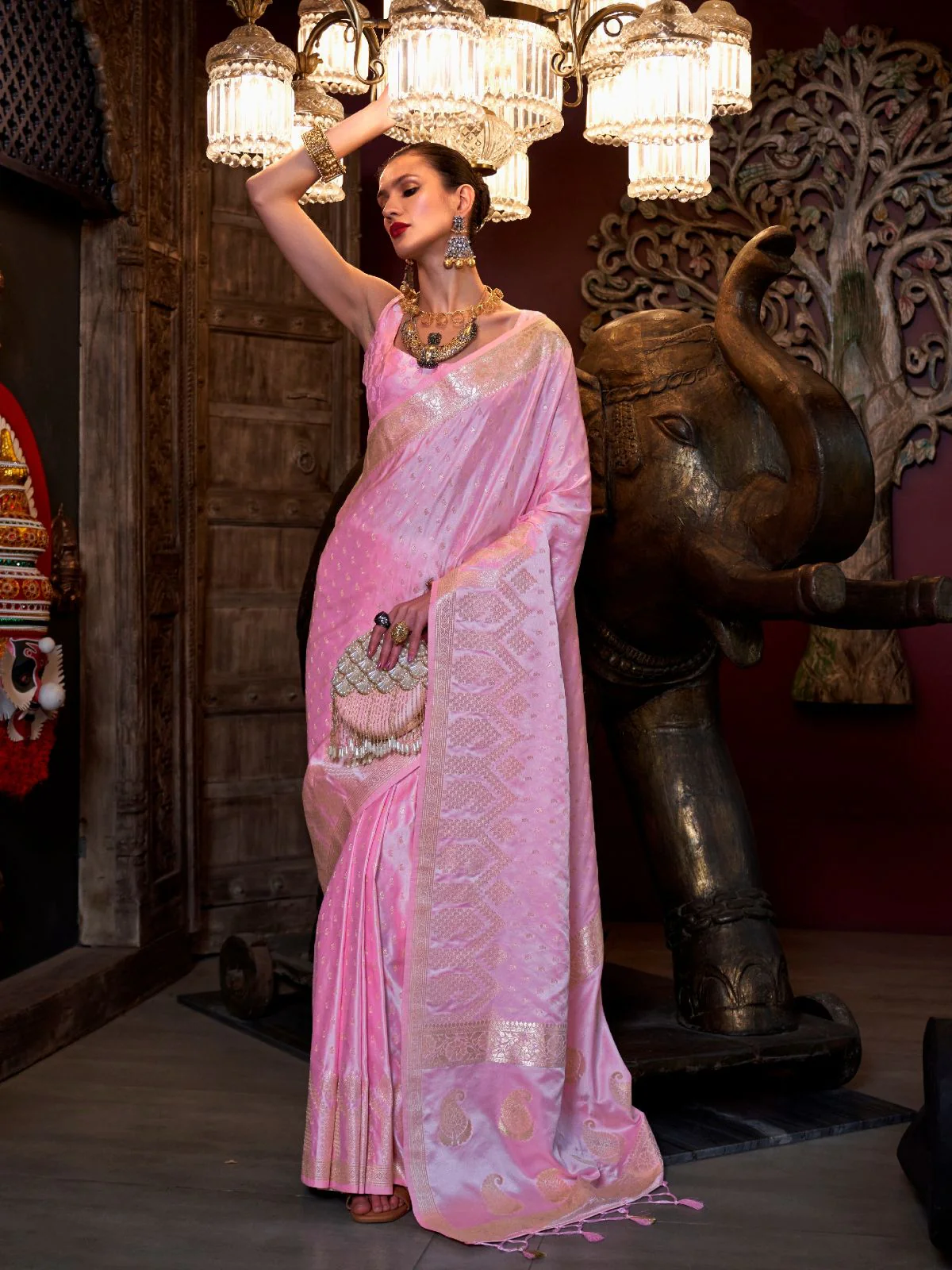 Odette Pink Satin Woven Saree With Unstitched Blouse For Women