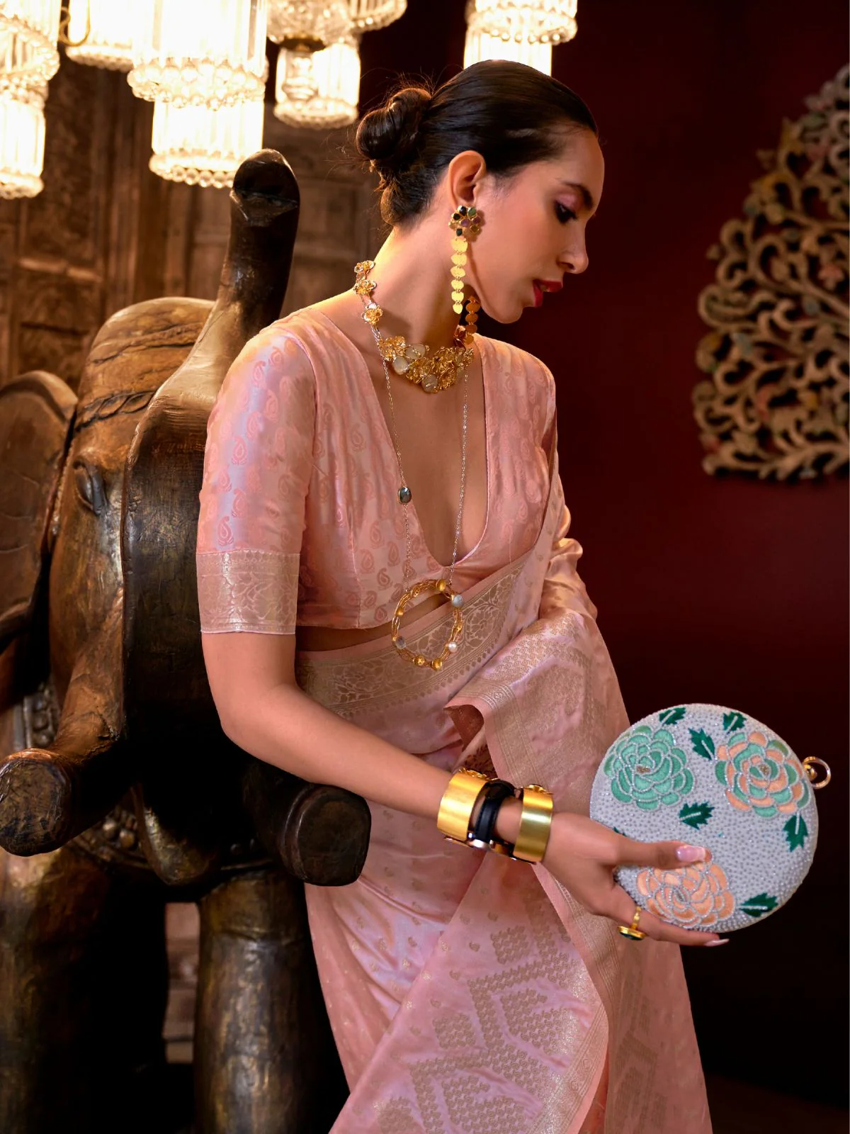 Odette Pink Satin Woven Saree With Unstitched Blouse For Women - Image 2
