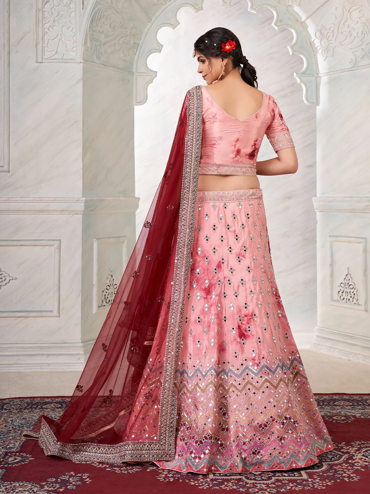Odette Pink Shibori Crepe Embroidered Semi Stitched Lehenga With Unstitched Blouse for Women - Image 3