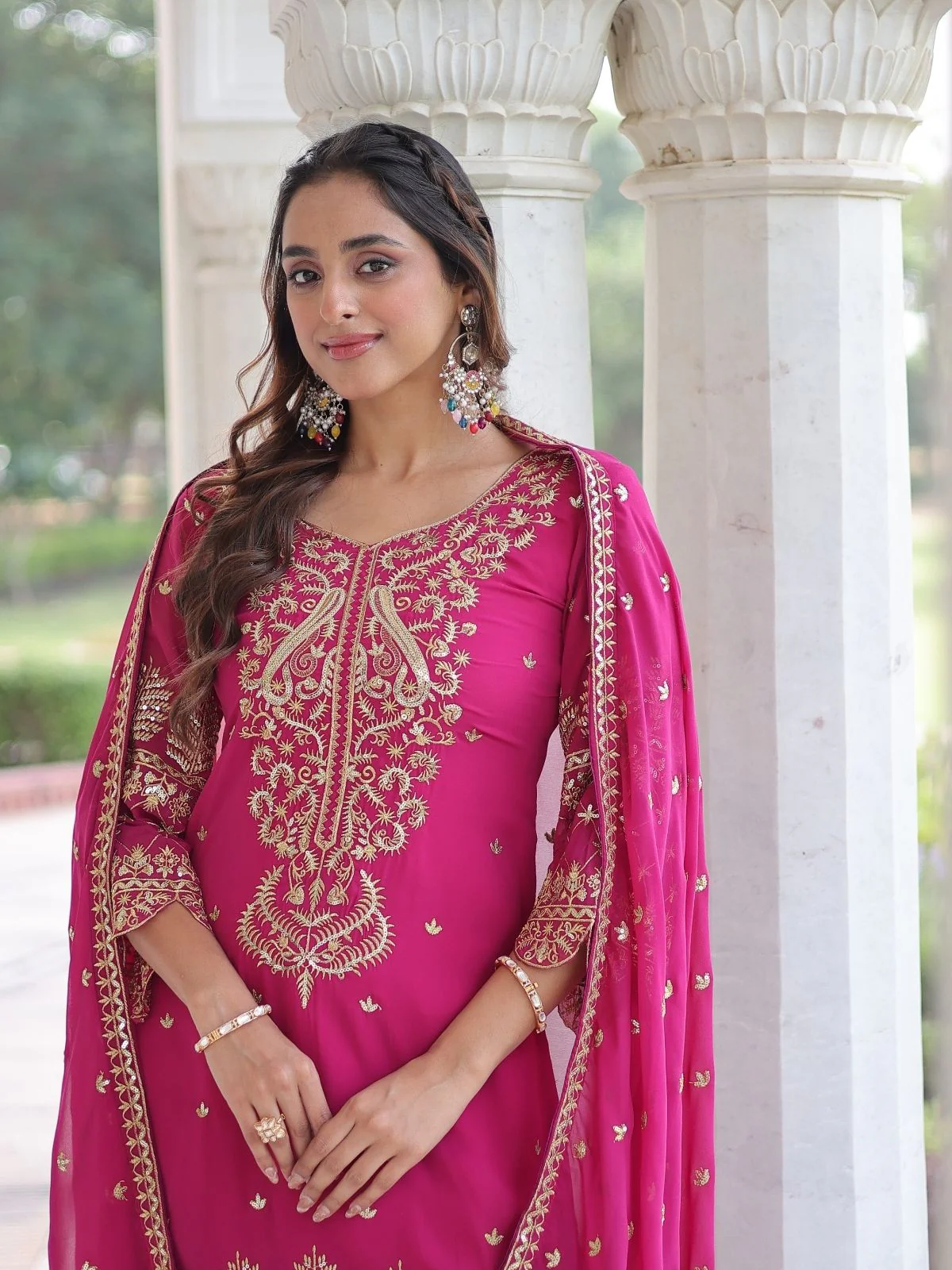 Odette Pink Silk Blend Embellished Kurta Set For Women - Image 4
