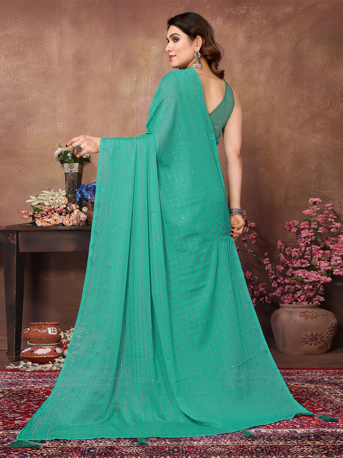Odette Blue Silk Blend Embellished Saree With Unstitched Blouse For Women - Image 2