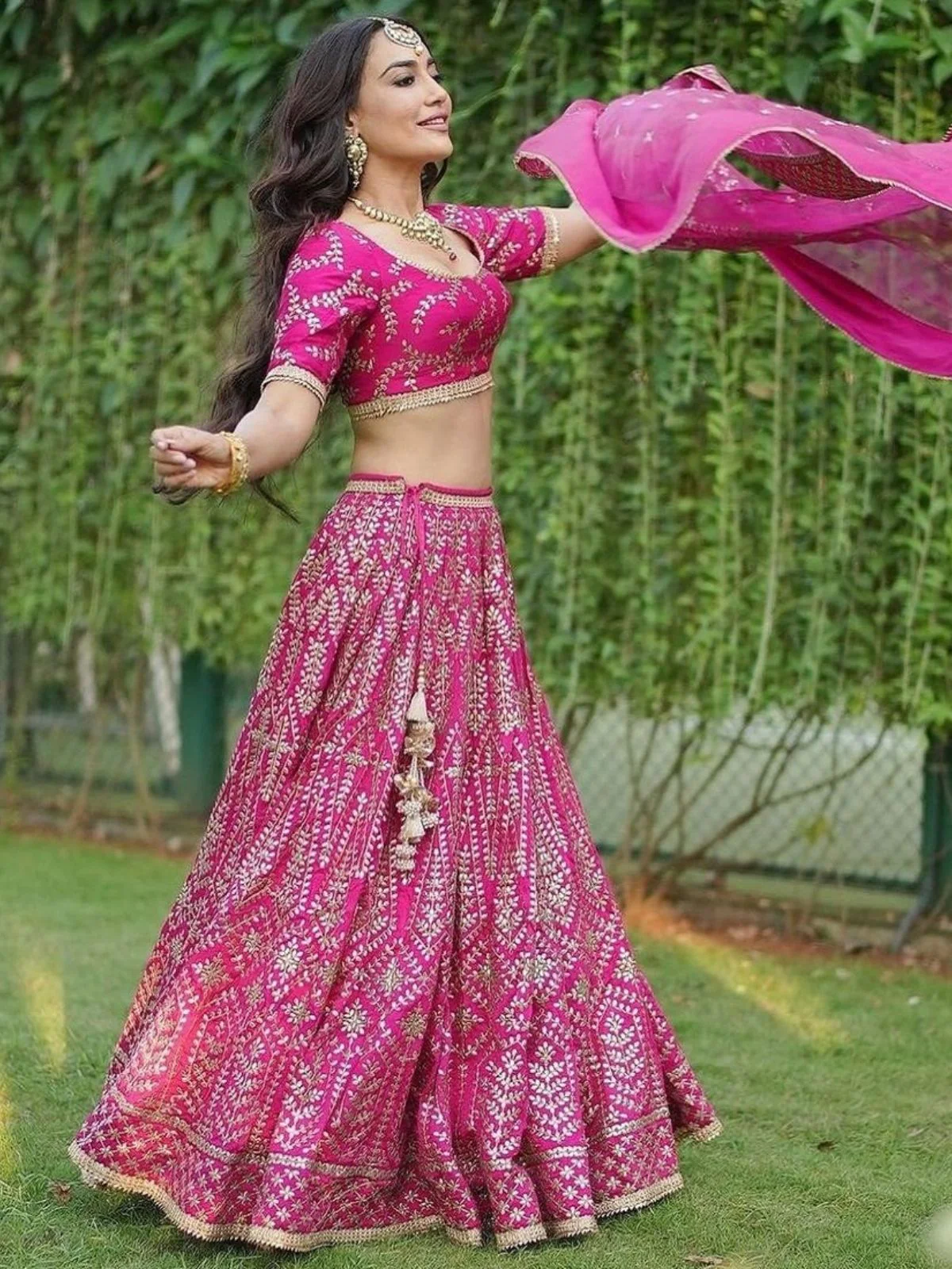 Odette Pink Silk Blend Embellished Semi-Stitched Lehenga For Women - Image 3