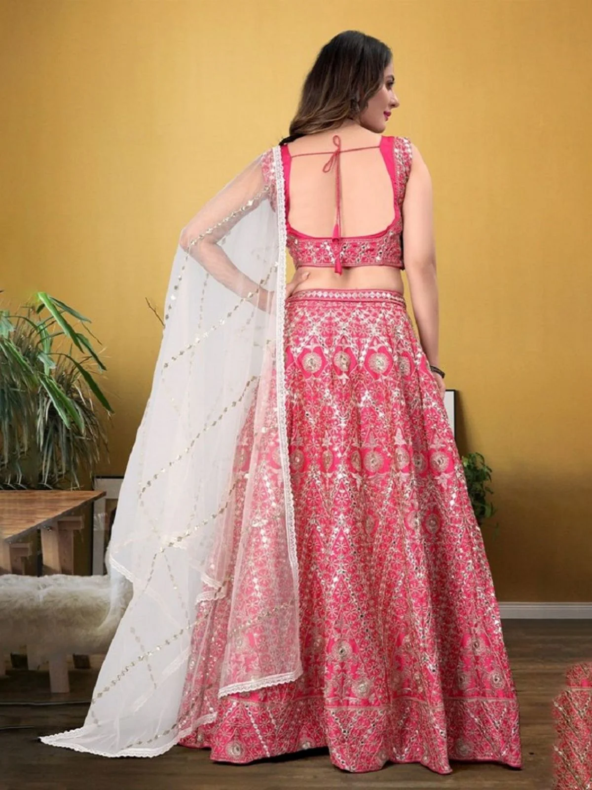 Odette Pink Silk Blend Embellished Semi-Stitched Lehenga For Women - Image 2