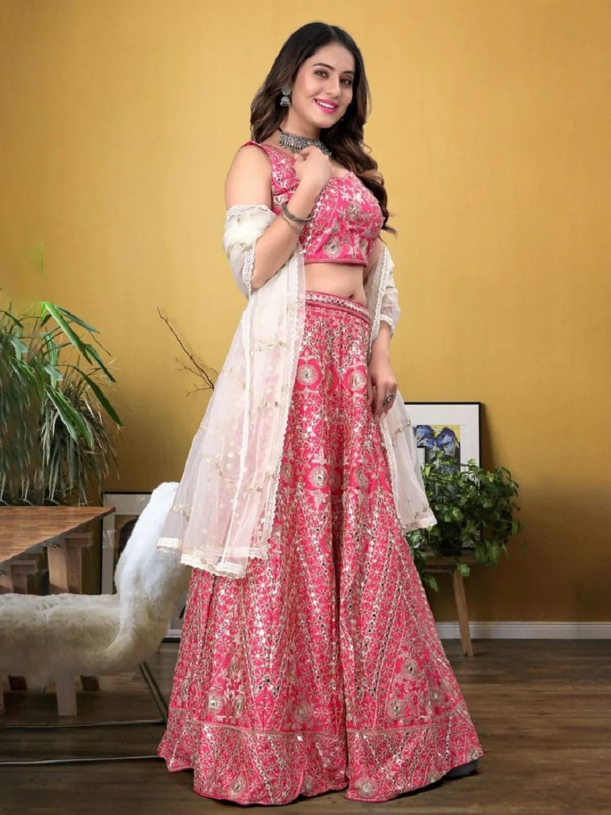 Odette Pink Silk Blend Embellished Semi-Stitched Lehenga For Women - Image 3