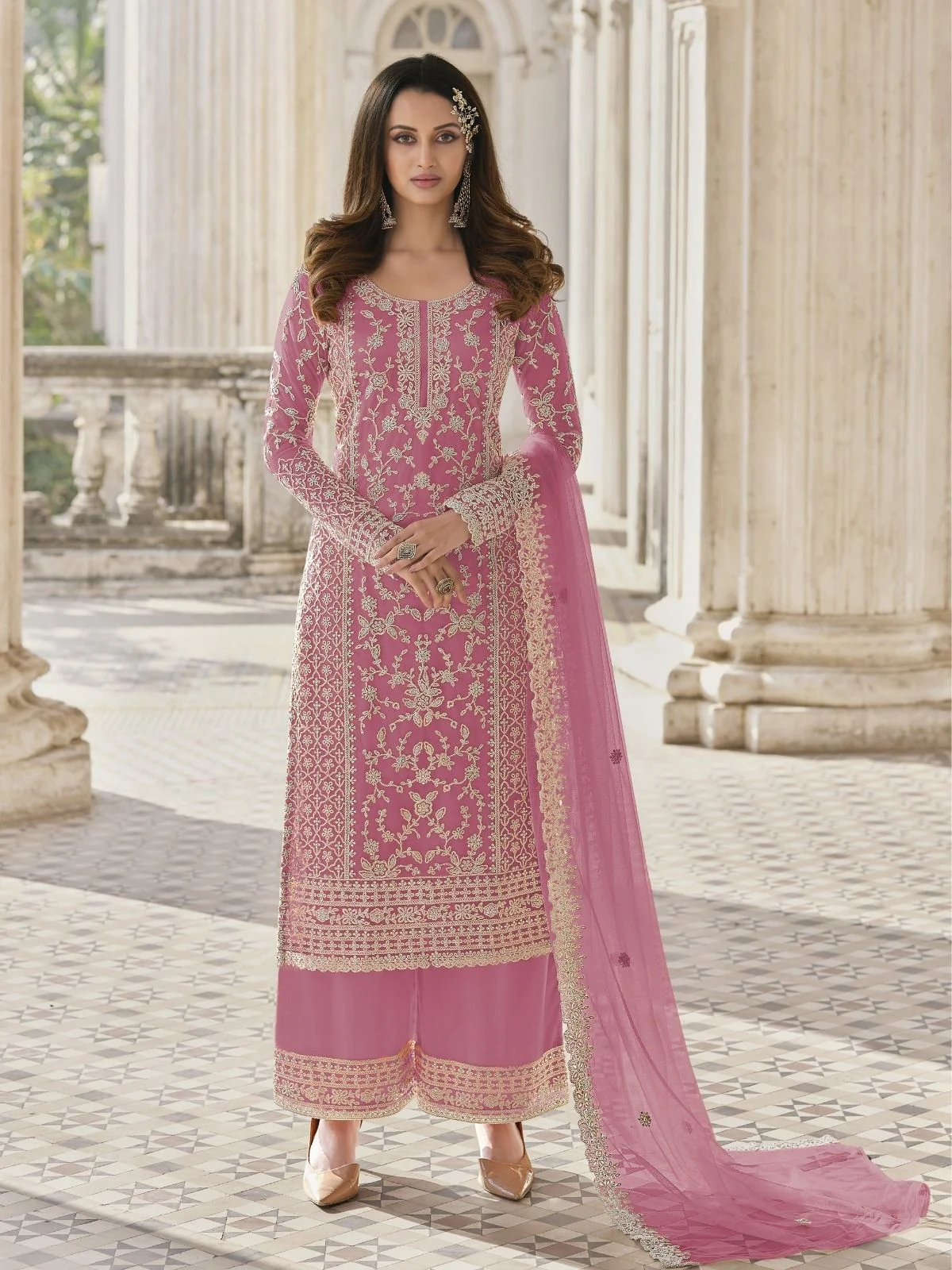 Odette Pink Silk Blend Embroidered Semi Stitched Kurta Set For Women