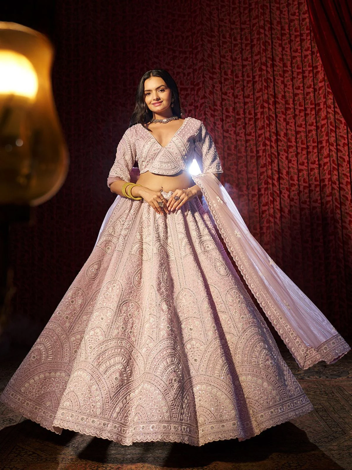 Odette Pink Silk Blend Embroidered Semi-Stitched Lehenga For Women - Image 2