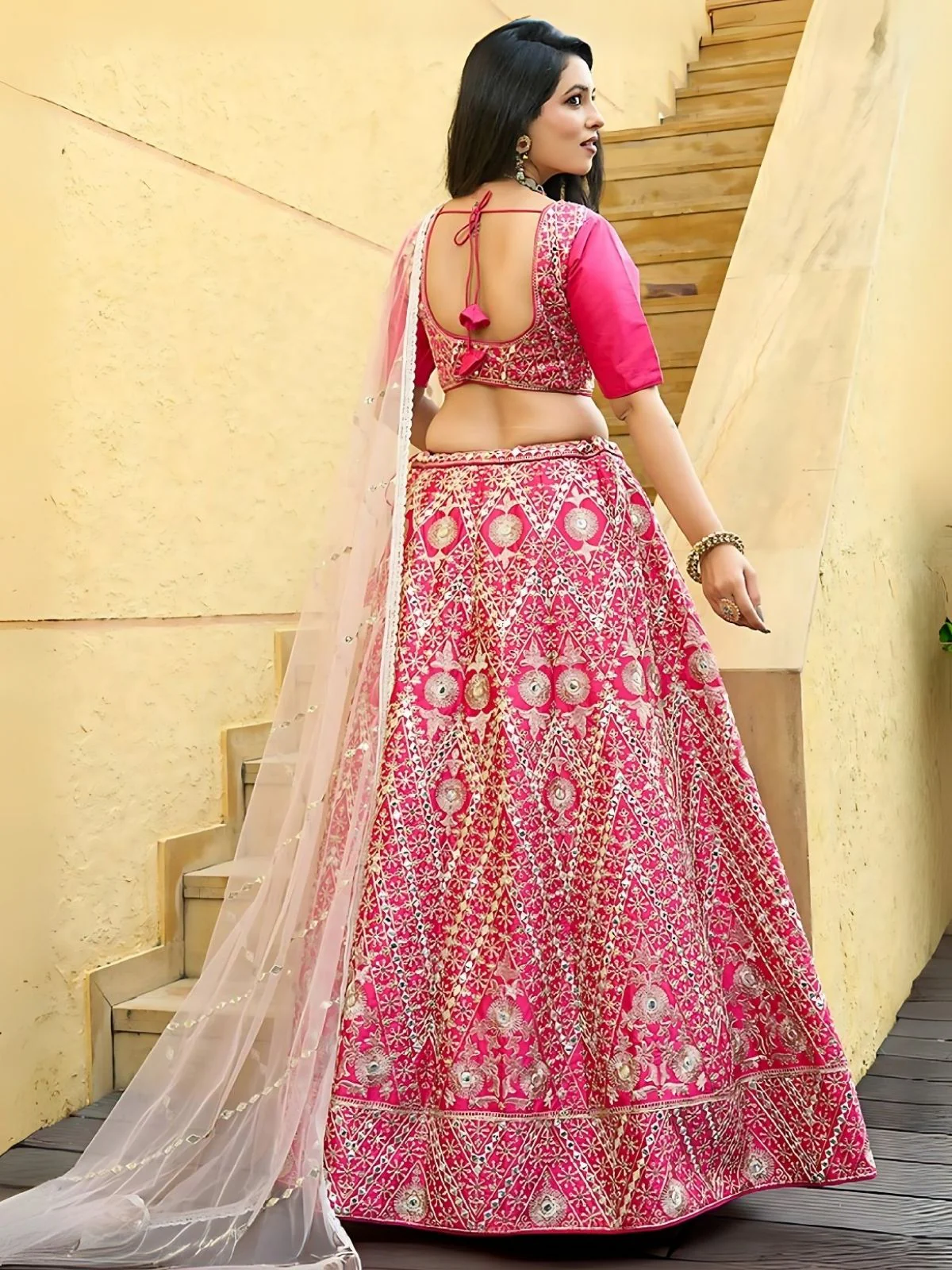 Odette Pink Silk Blend Embroidered Semi-Stitched Lehenga For Women - Image 2