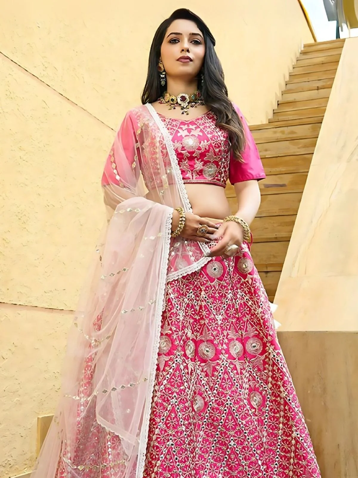 Odette Pink Silk Blend Embroidered Semi-Stitched Lehenga For Women - Image 3