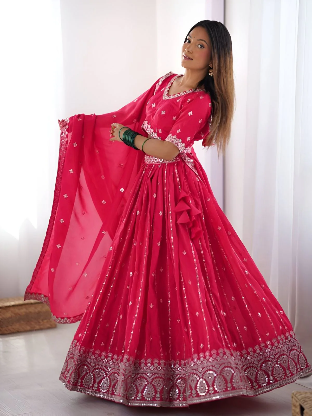 Odette Pink Silk Blend Embroidered Semi-Stitched lehenga For Women - Image 2