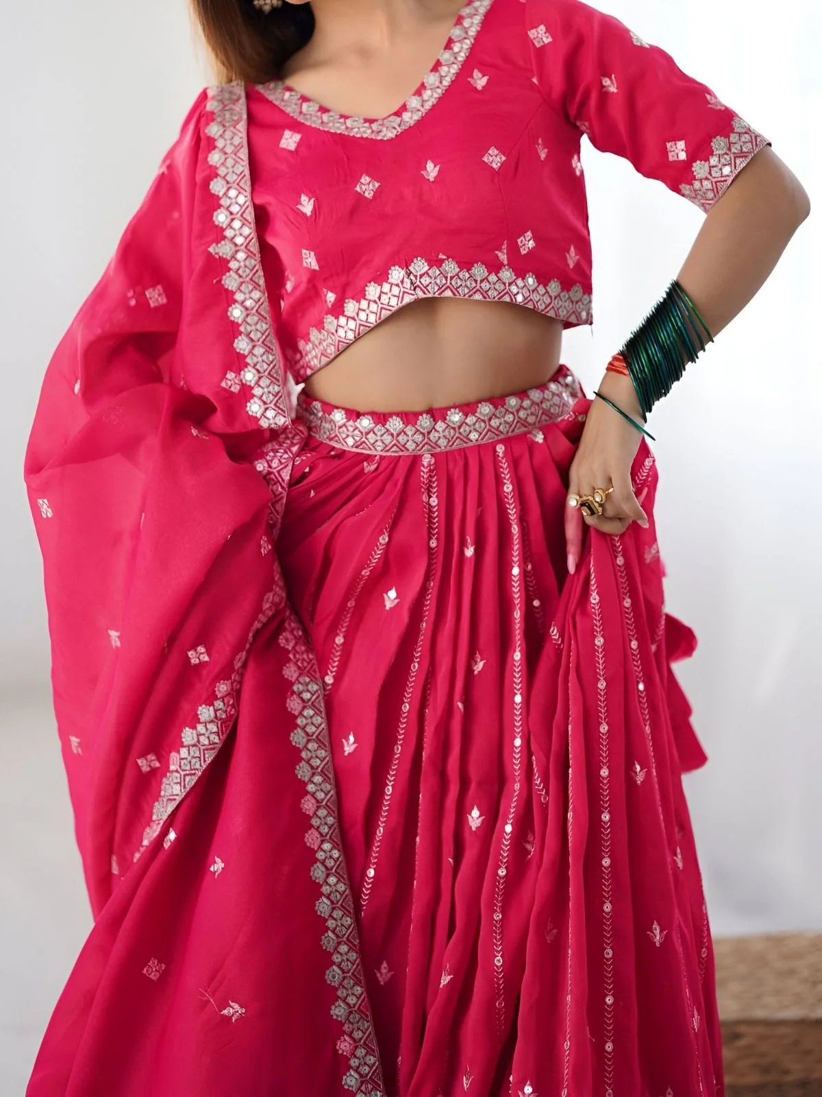 Odette Pink Silk Blend Embroidered Semi-Stitched lehenga For Women - Image 4
