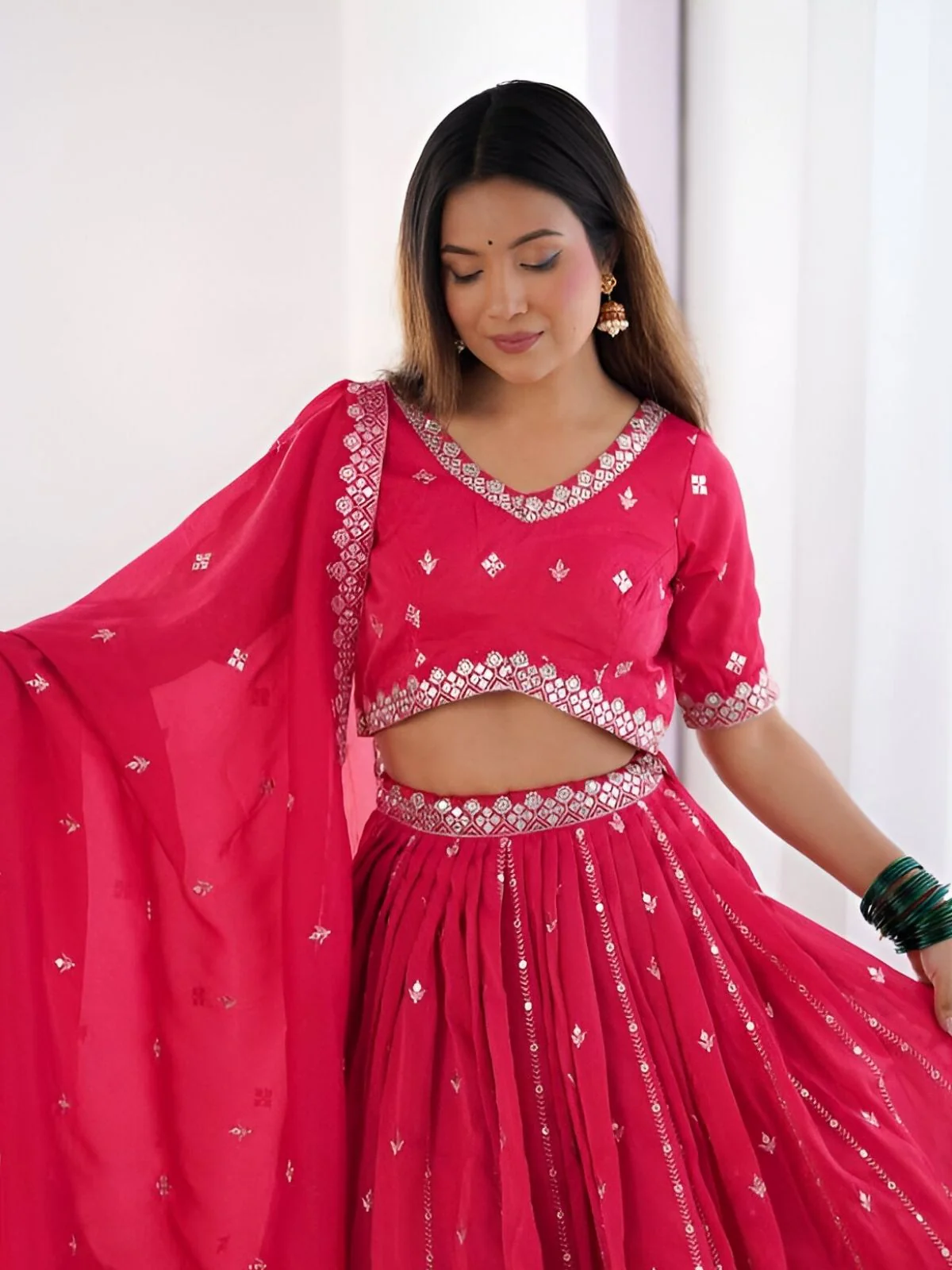 Odette Pink Silk Blend Embroidered Semi-Stitched lehenga For Women - Image 5