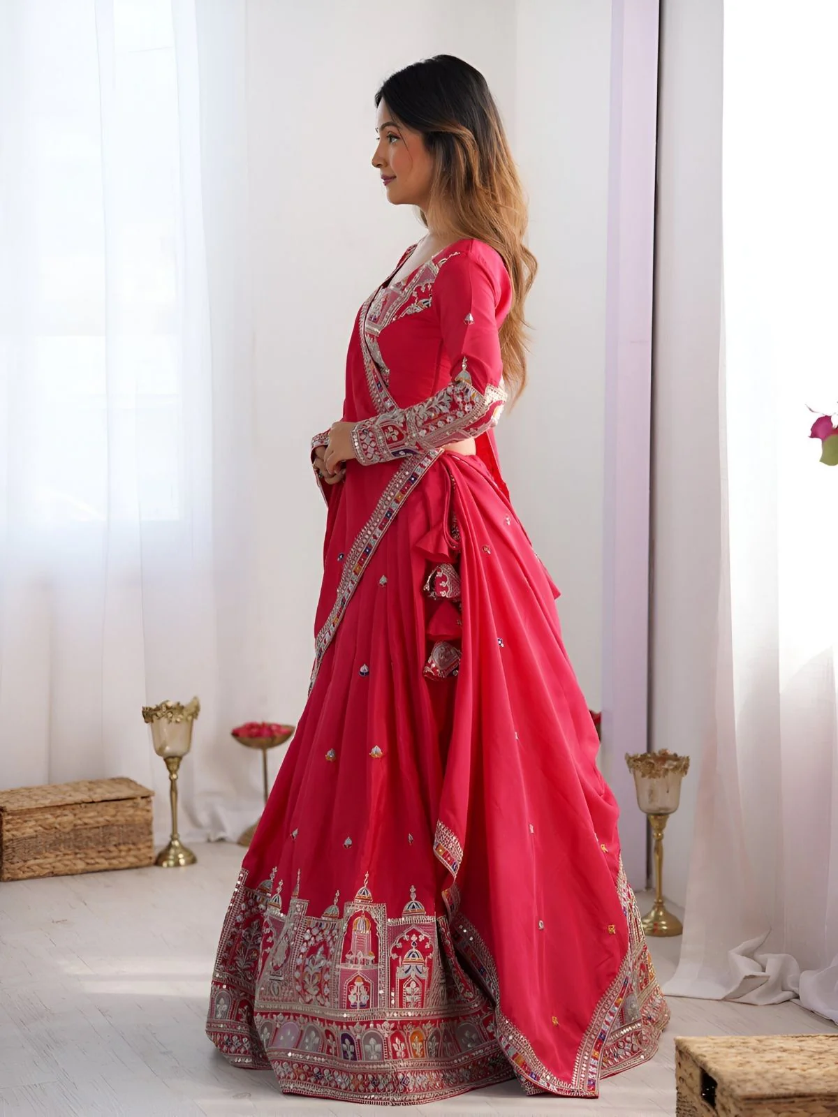 Odette Pink Silk Blend Embroidered Semi-Stitched lehenga For Women - Image 2