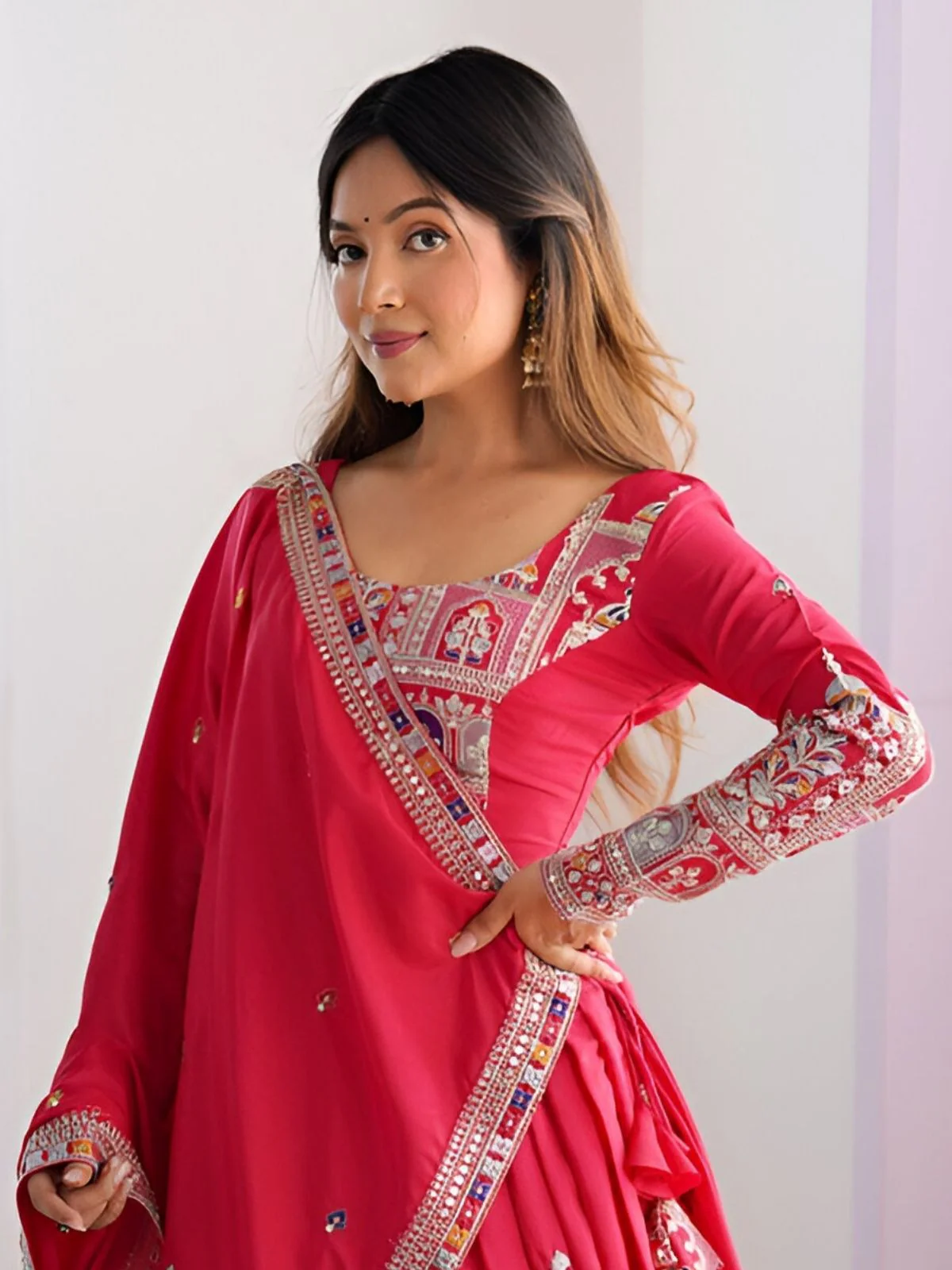 Odette Pink Silk Blend Embroidered Semi-Stitched lehenga For Women - Image 5
