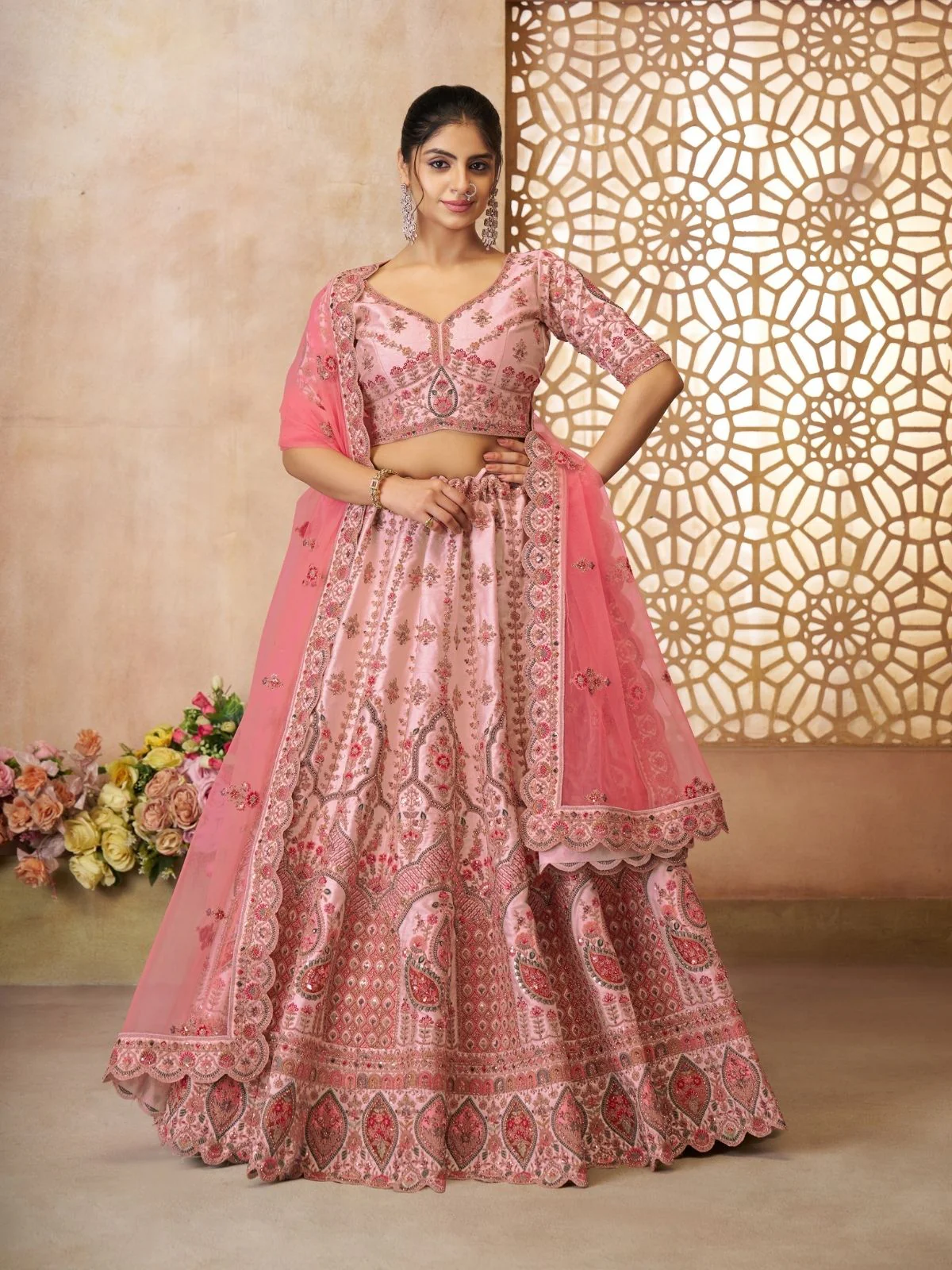 Odette Pink Silk Blend Embroidered Semi-Stitched Lehenga For Women - Image 2