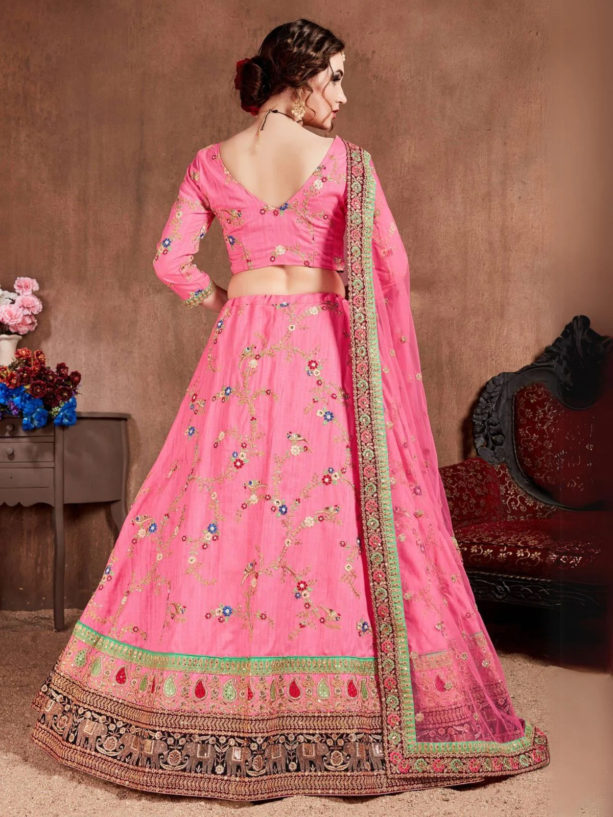 Odette Pink Silk Blend Embroidered Semi Stitched Lehenga With Blouse For Women - Image 3