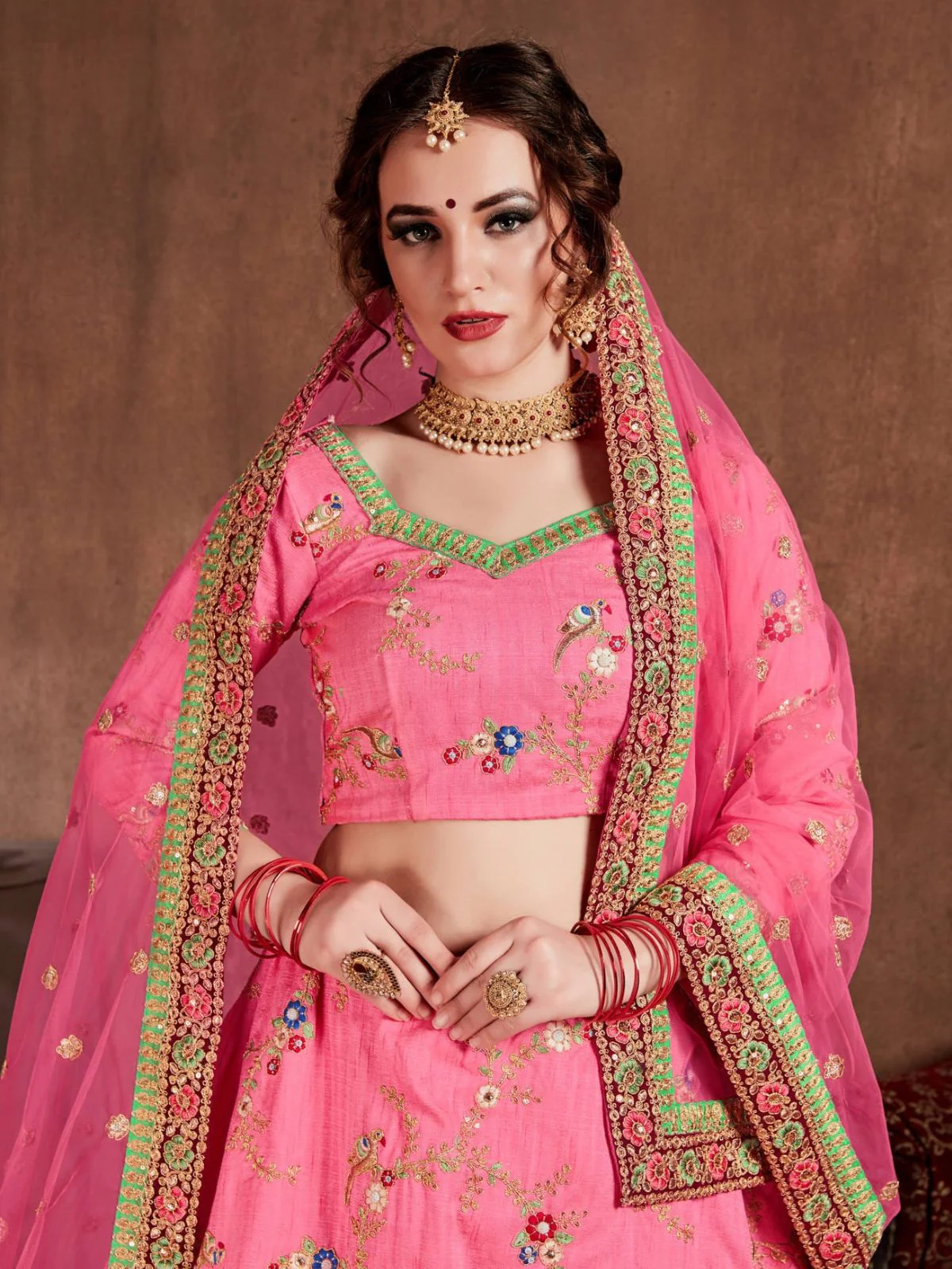 Odette Pink Silk Blend Embroidered Semi Stitched Lehenga With Blouse For Women - Image 5
