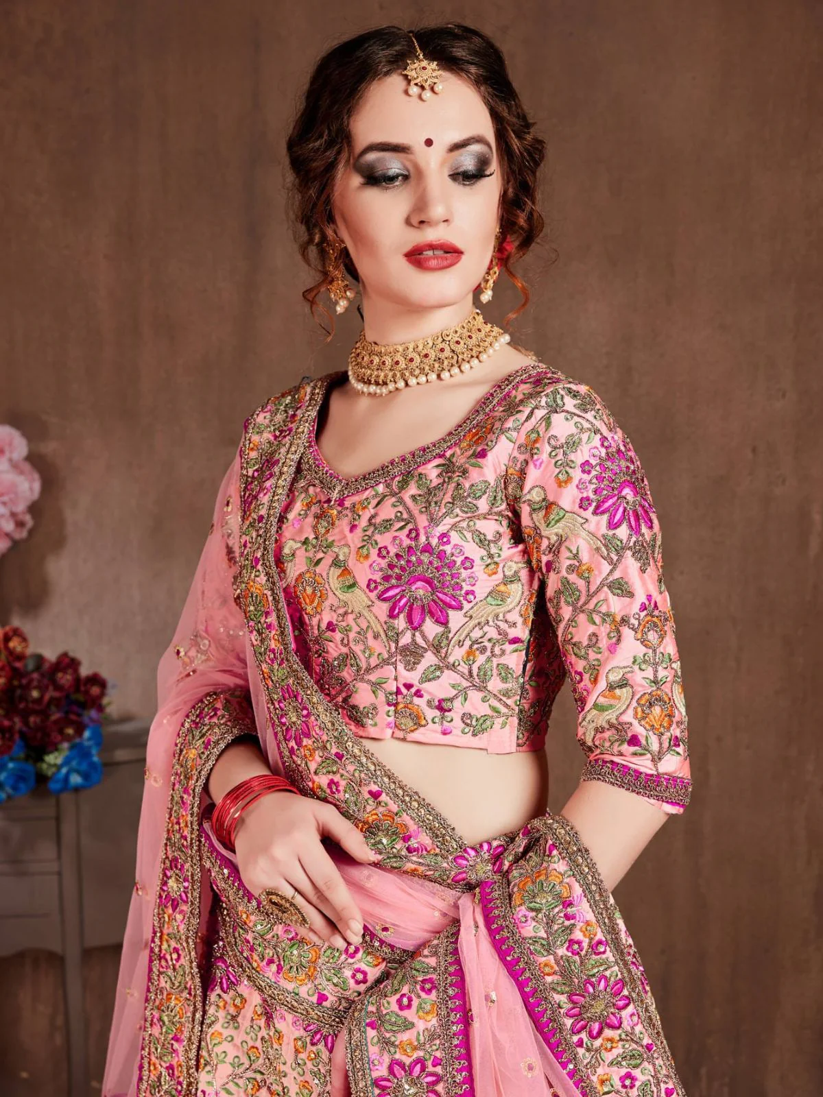 Odette Pink Silk Blend Embroidered Semi Stitched Lehenga With Blouse For Women - Image 4