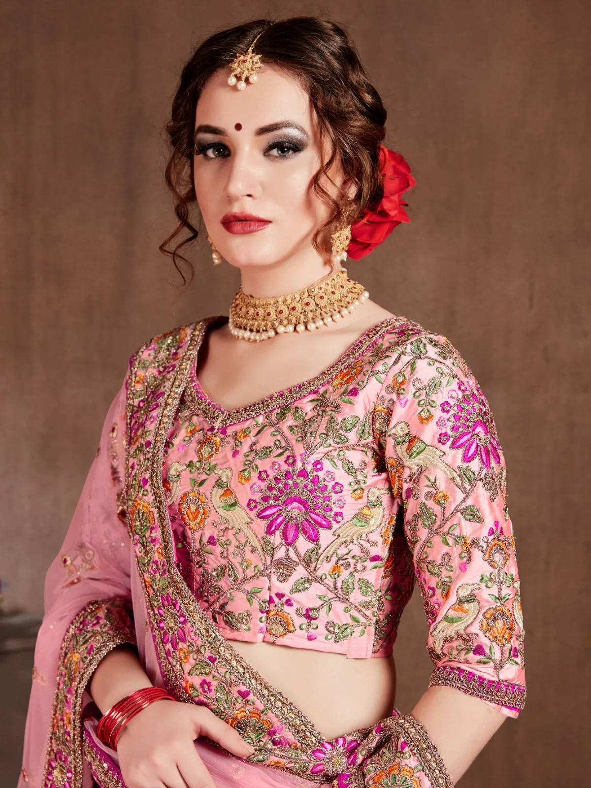 Odette Pink Silk Blend Embroidered Semi Stitched Lehenga With Blouse For Women - Image 5