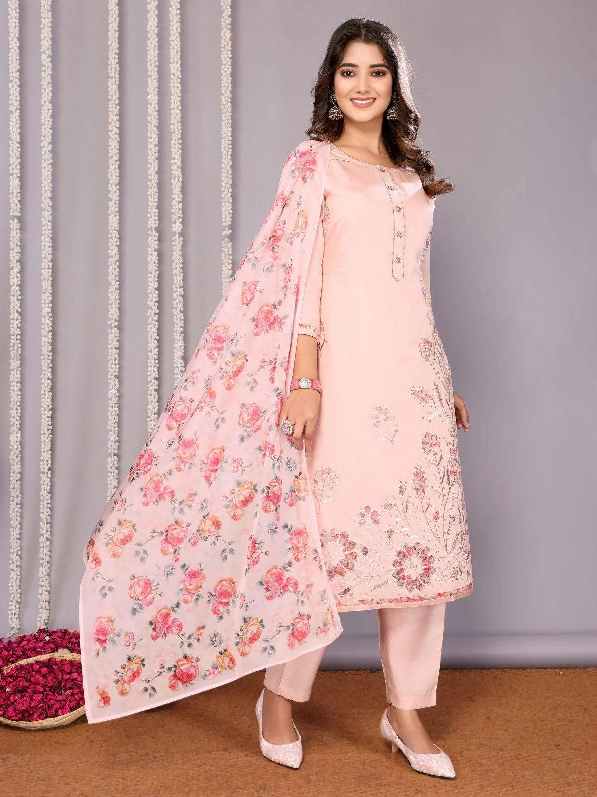 Odette Pink Silk Blend Embroidered Stiched Kurta Set For Women