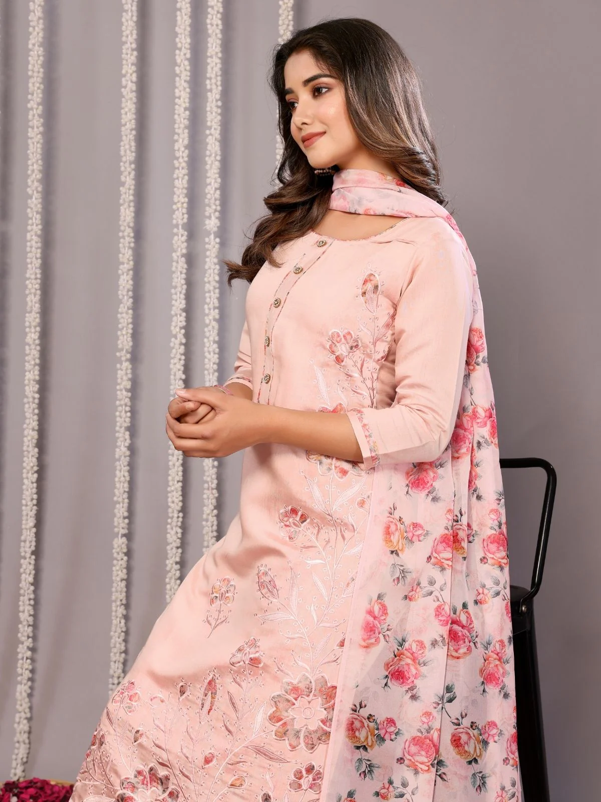 Odette Pink Silk Blend Embroidered Stiched Kurta Set For Women - Image 4