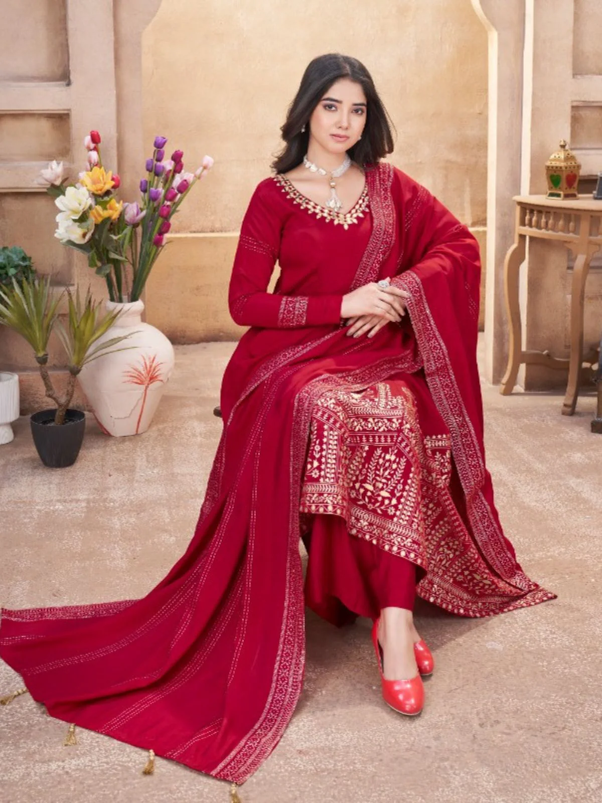 Odette Pink Silk Blend Embroidered Stitched Kurta Set For Women - Image 2