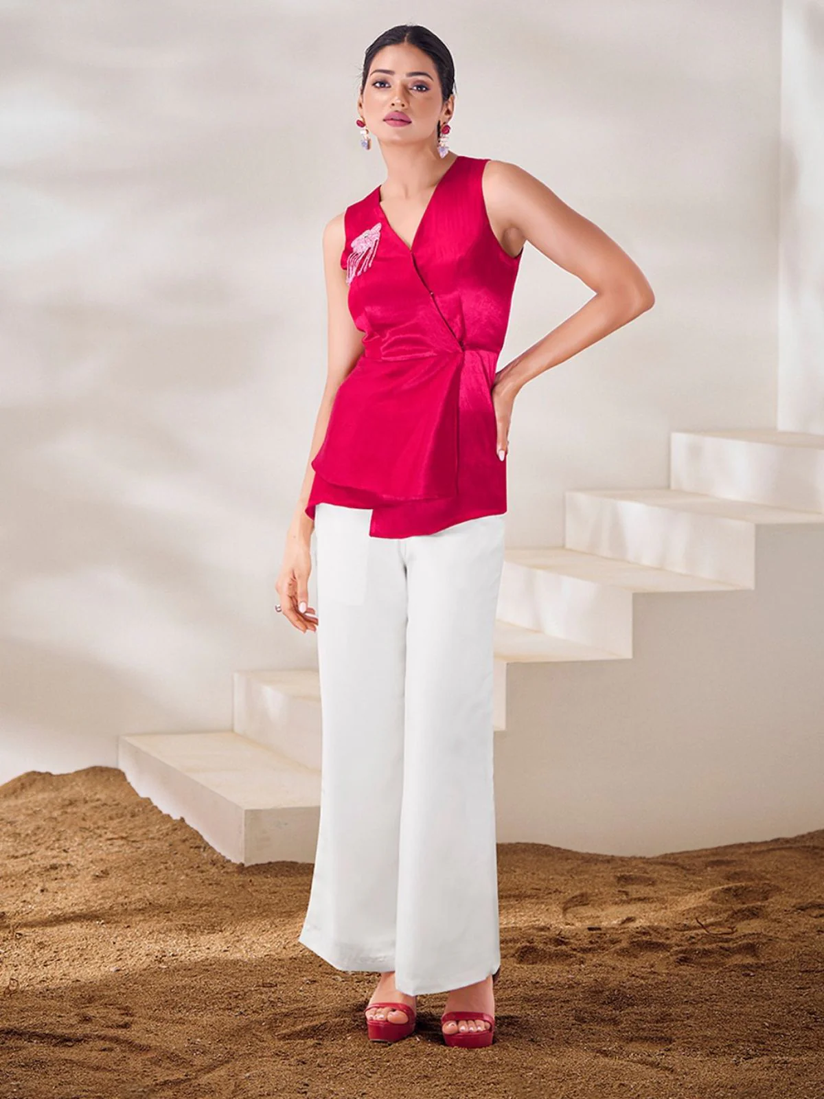 Odette Pink Silk Blend Embroidered Top For Women - Image 2